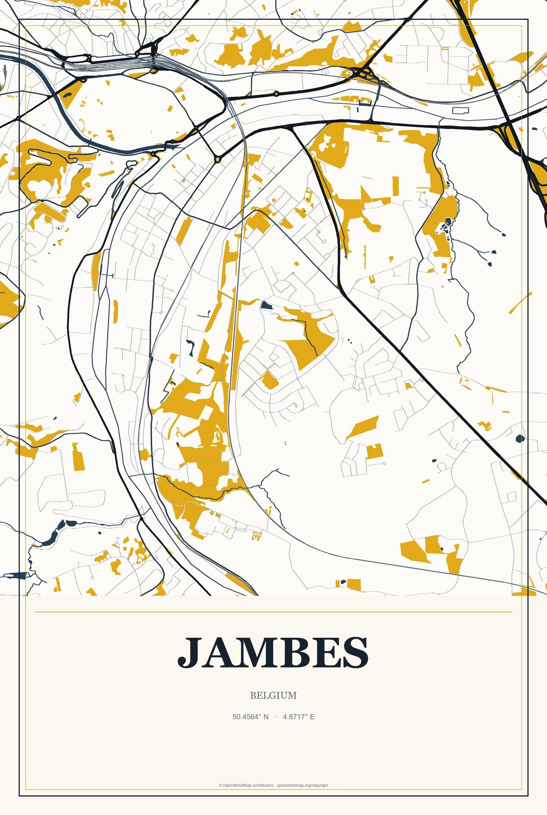 Jambes, Belgium City Map Aluminum Sign in Citrine Modern style