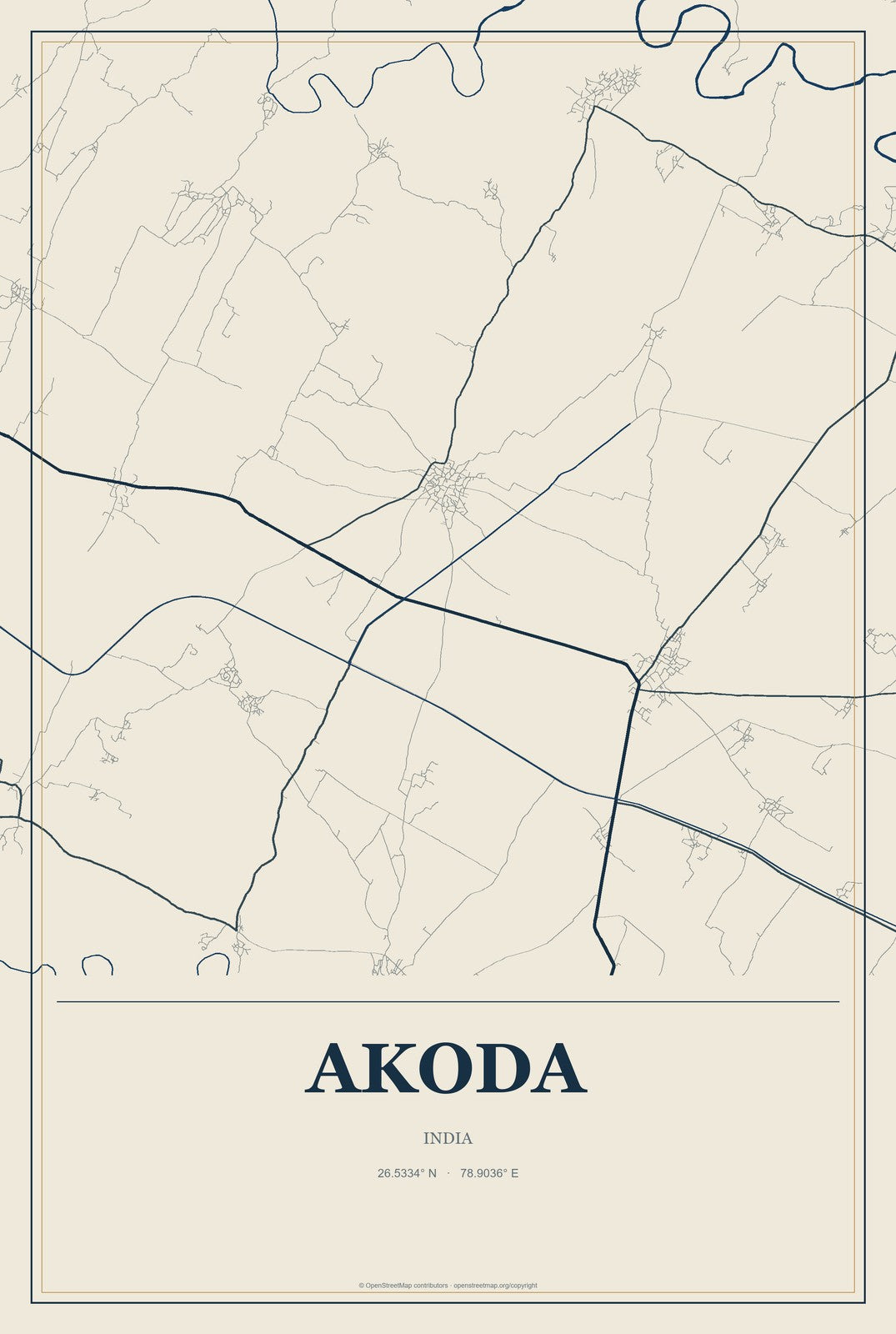 Akoda, India City Map Aluminum Sign in Coastal Cutout style