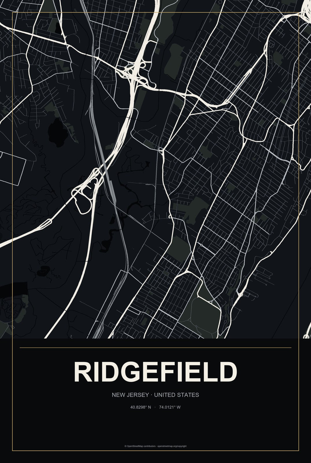 Ridgefield, New Jersey City Map Aluminum Sign in Metropolitan Noir style