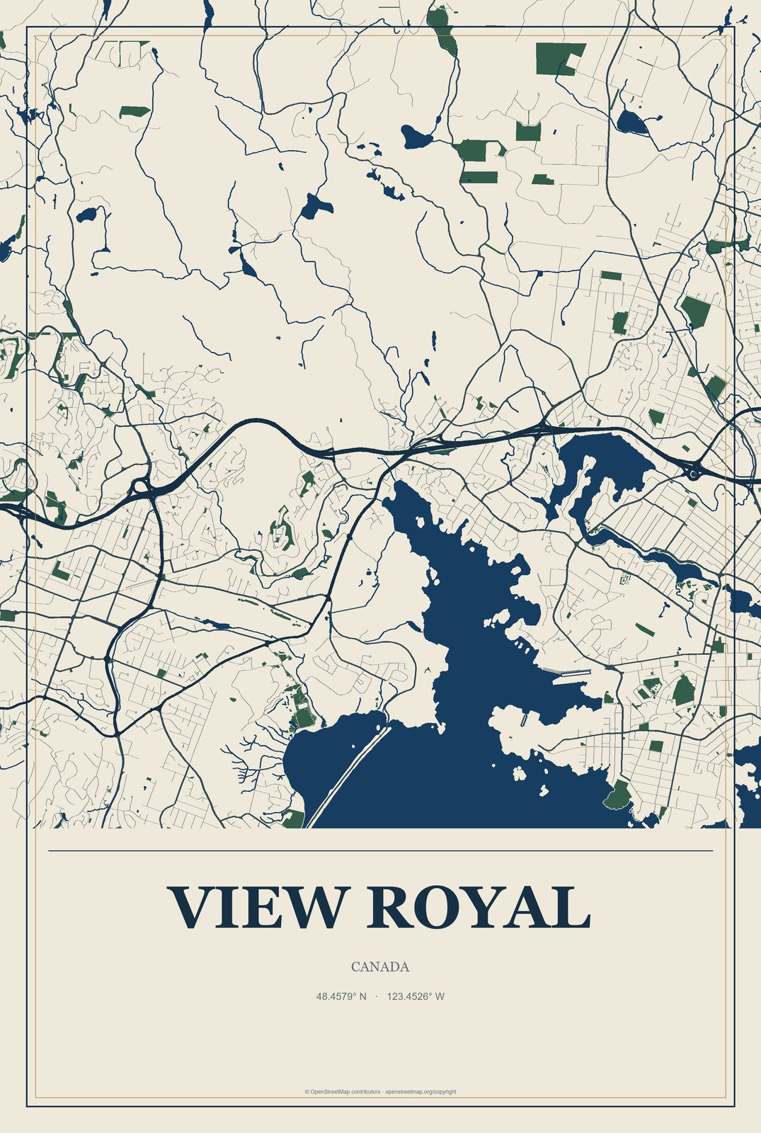 View Royal, Canada City Map Aluminum Sign in Coastal Cutout style