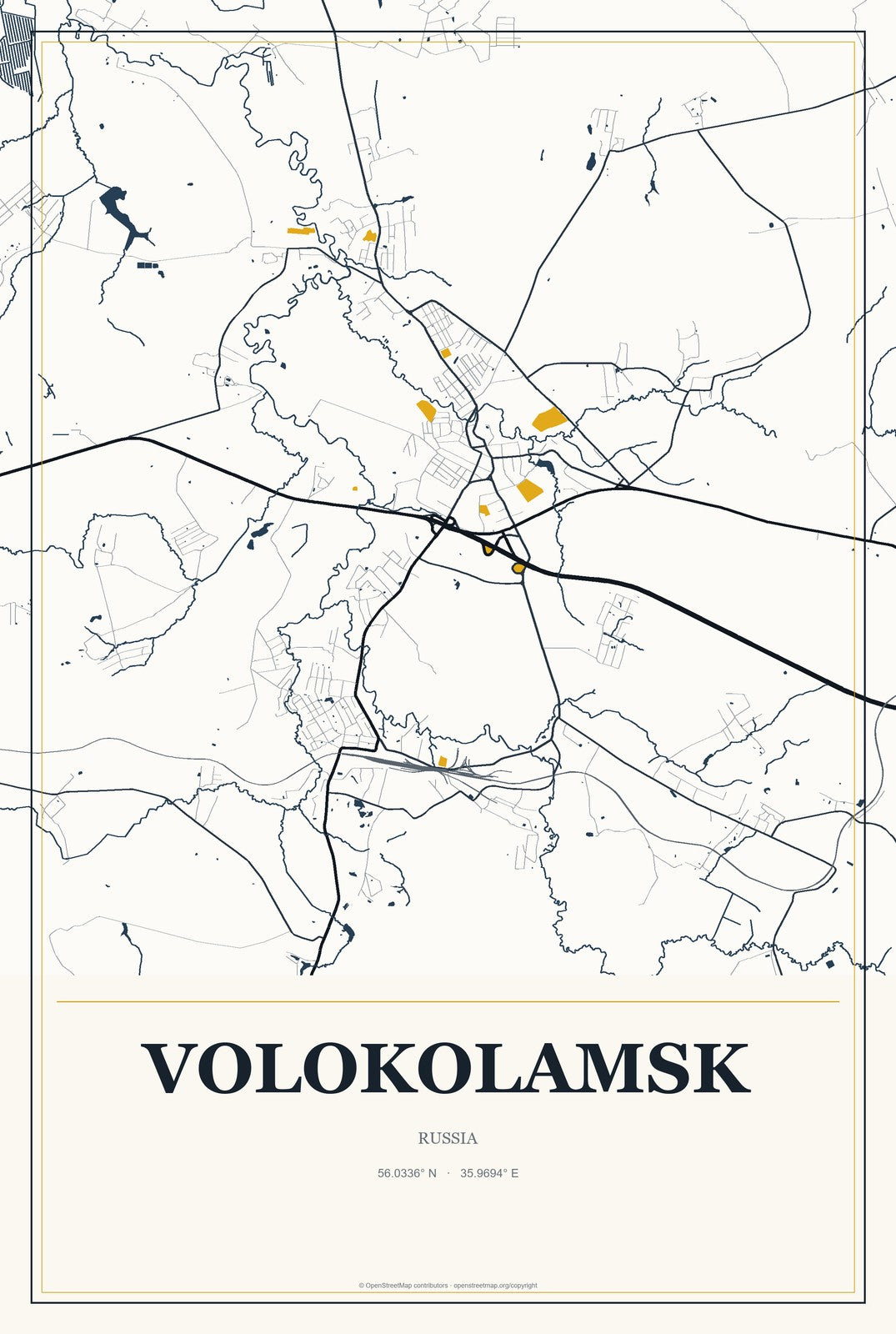 Volokolamsk, Russia City Map Aluminum Sign in Citrine Modern style