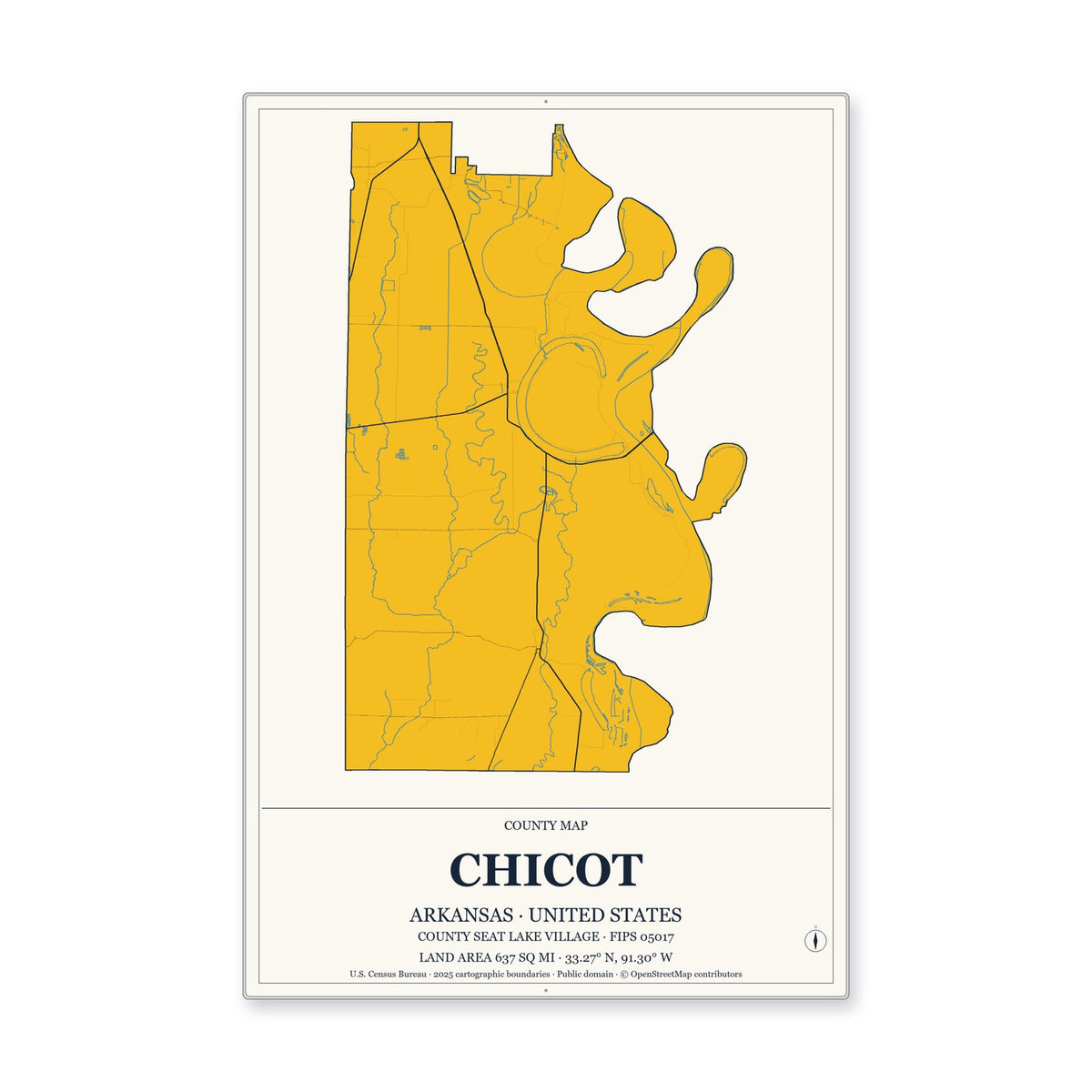 Chicot County, Arkansas Map Aluminum Sign in Citrine Modern style