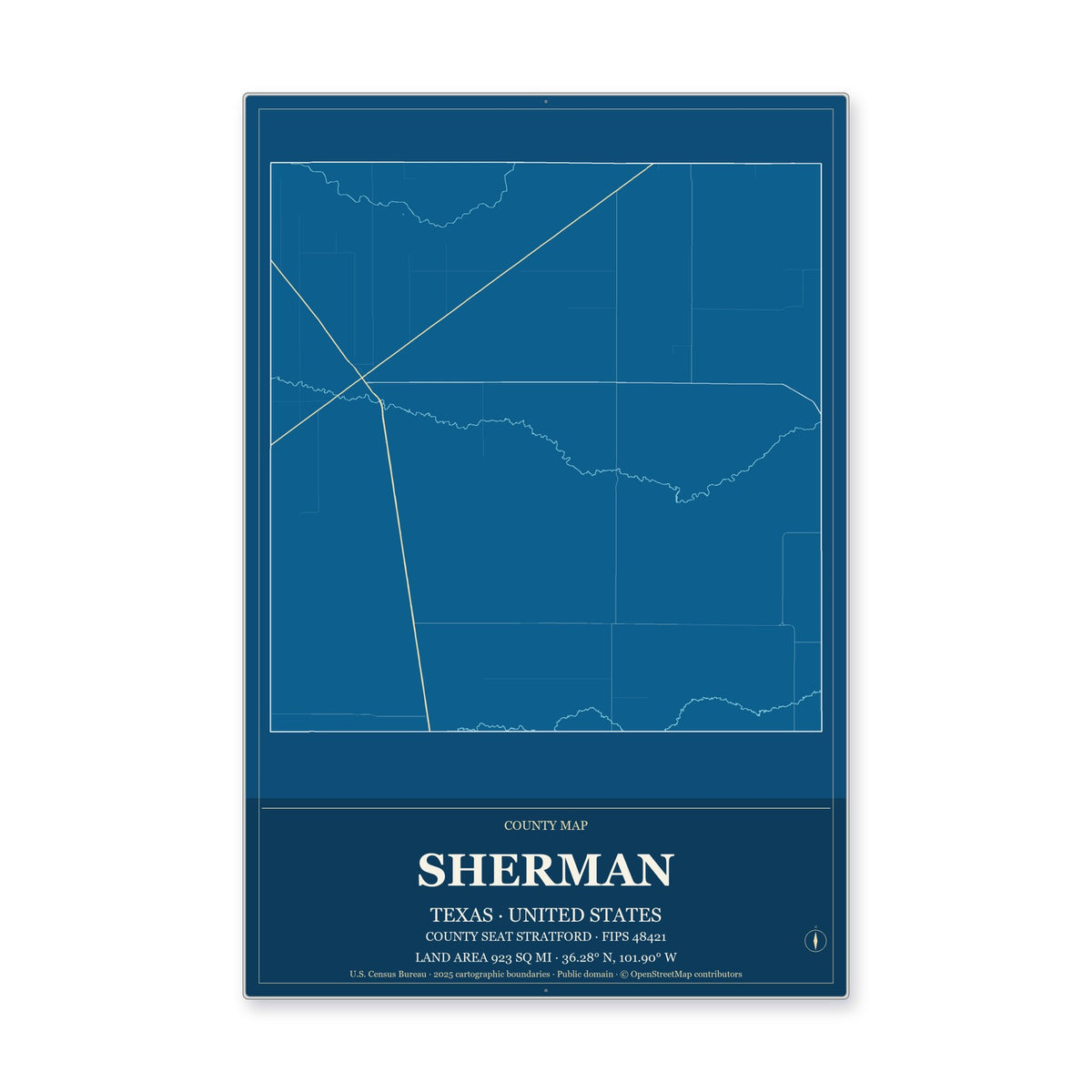 Sherman County, Texas Map Aluminum Sign in Harbor Cobalt style