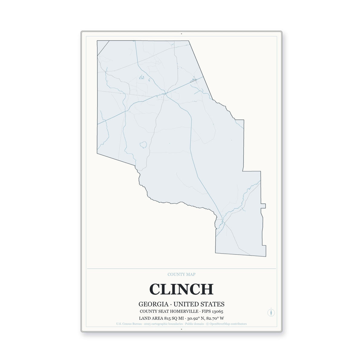 Clinch County, Georgia Map Aluminum Sign in Gallery Air style