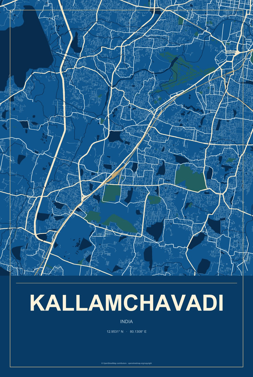 Kallamchavadi, India City Map Aluminum Sign in Harbor Cobalt style