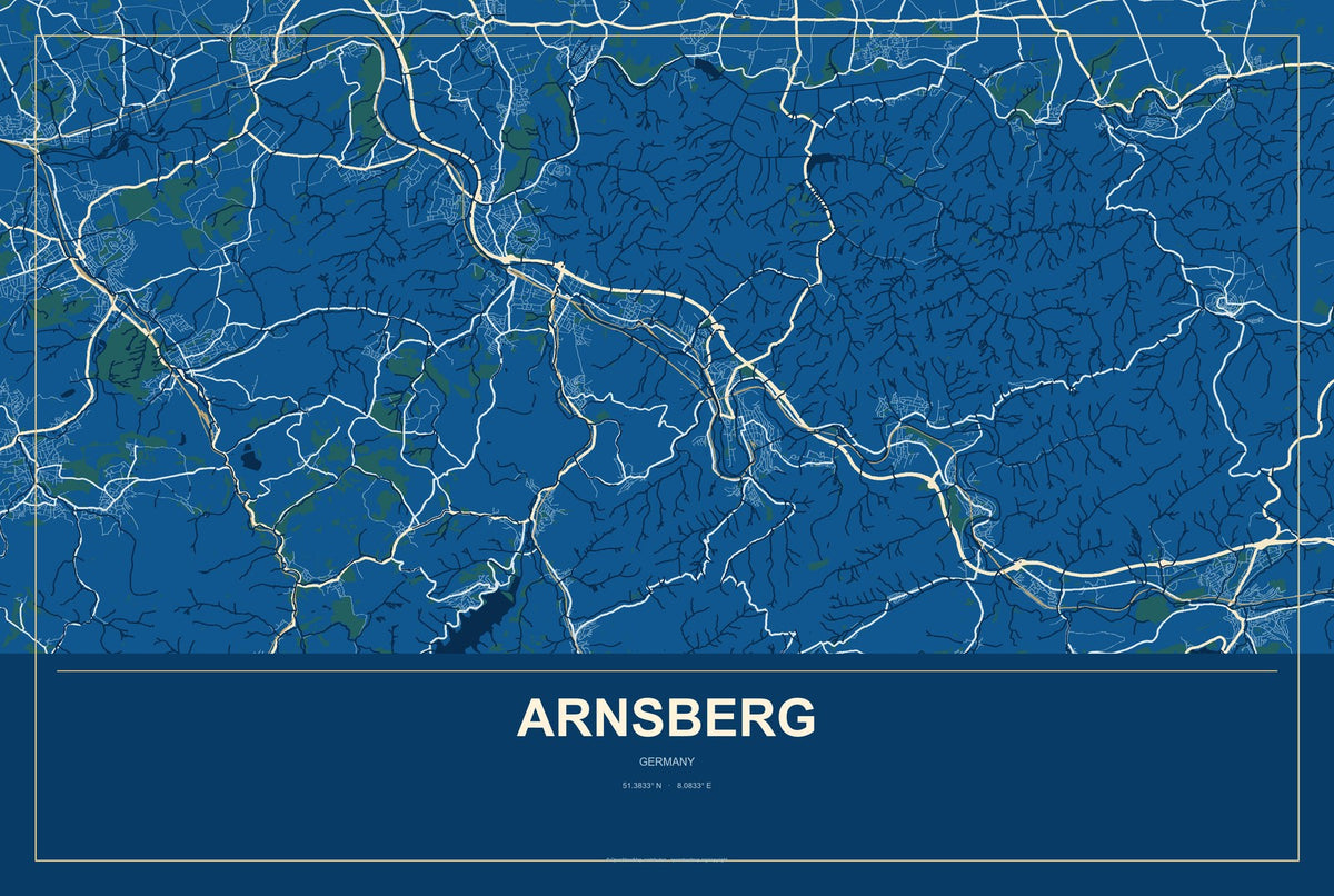 Arnsberg, Germany City Map Aluminum Sign in Harbor Cobalt style