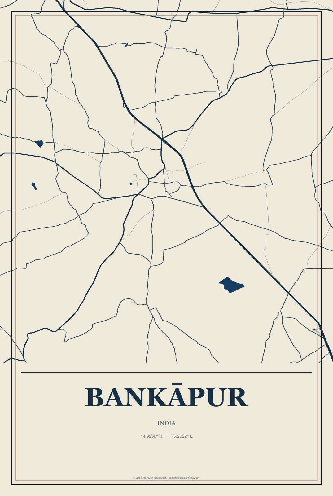 Bankāpur, India City Map Aluminum Sign in Coastal Cutout style