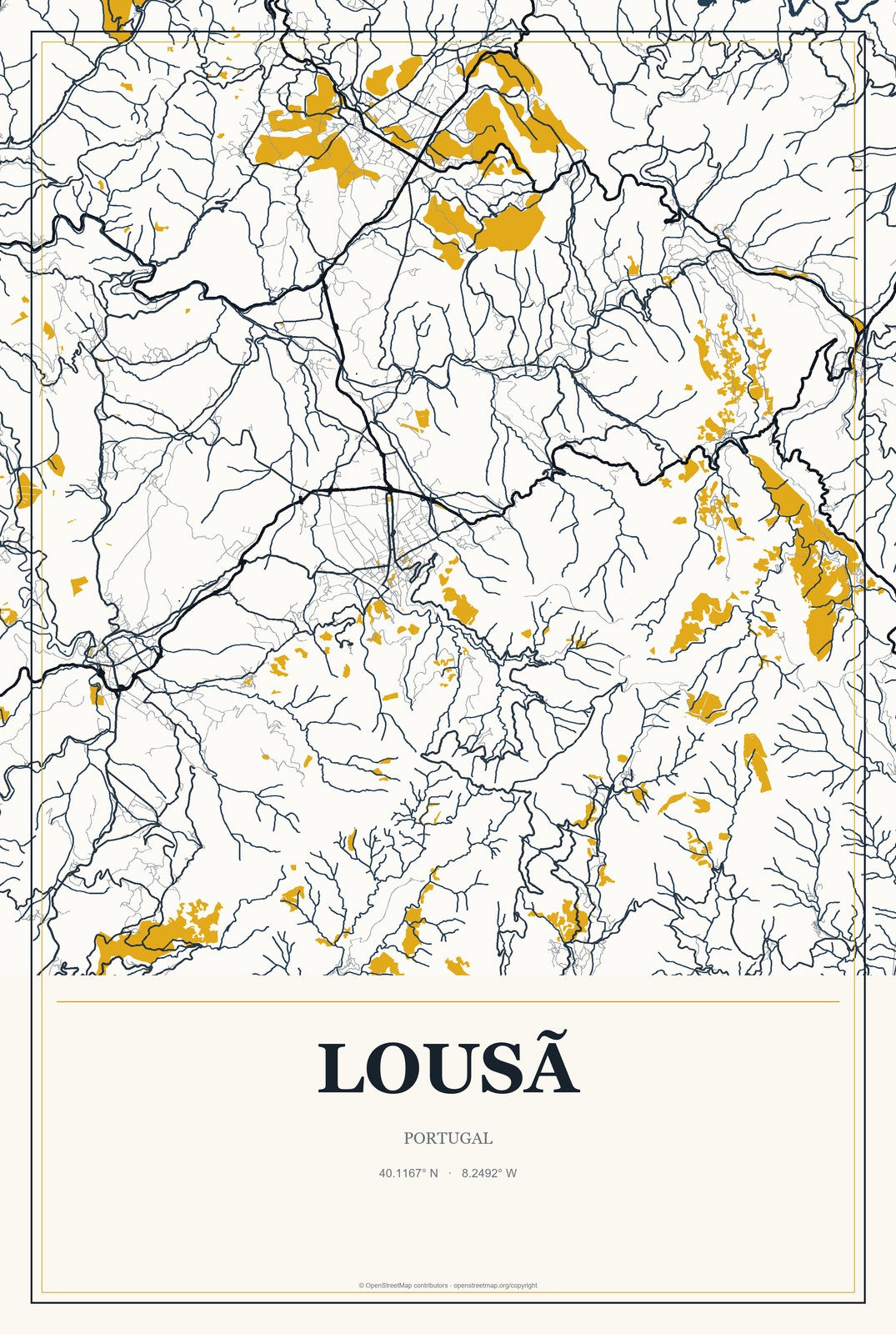 Lousã, Portugal City Map Aluminum Sign in Citrine Modern style