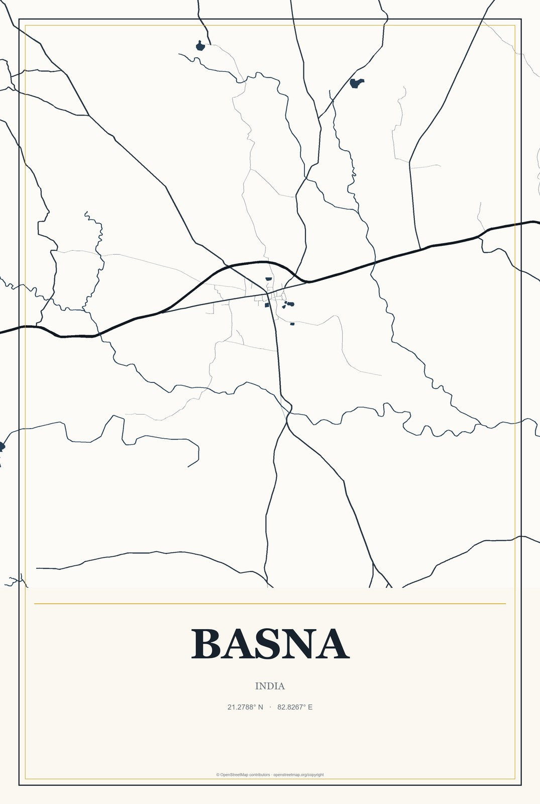 Basna, India City Map Aluminum Sign in Citrine Modern style
