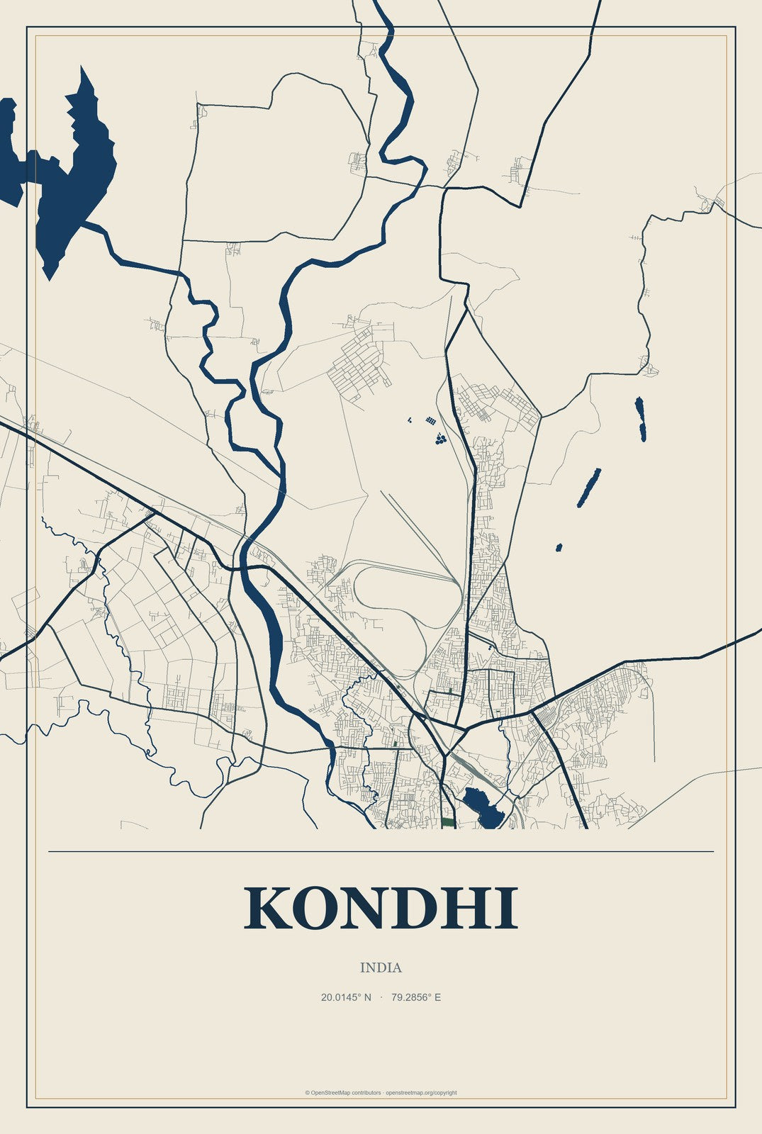 Kondhi, India City Map Aluminum Sign in Coastal Cutout style