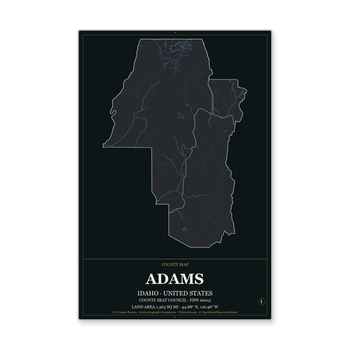 Adams County, Idaho Map Aluminum Sign in Metropolitan Noir style