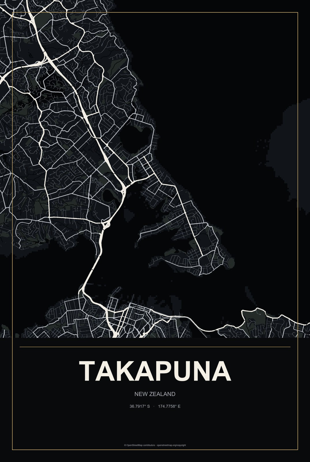 Takapuna, New Zealand City Map Aluminum Sign in Metropolitan Noir style