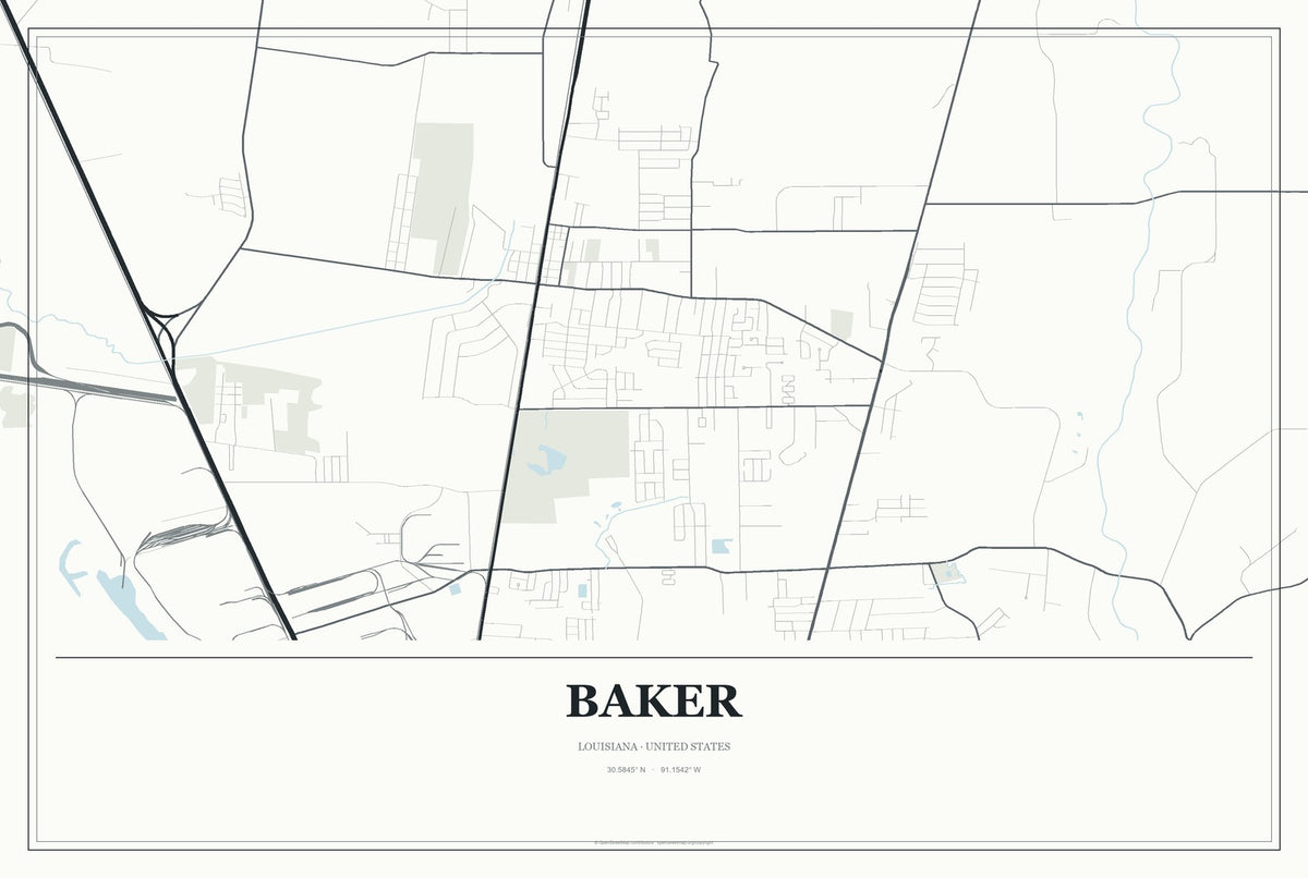 Baker, Louisiana City Map Aluminum Sign in Gallery Air style