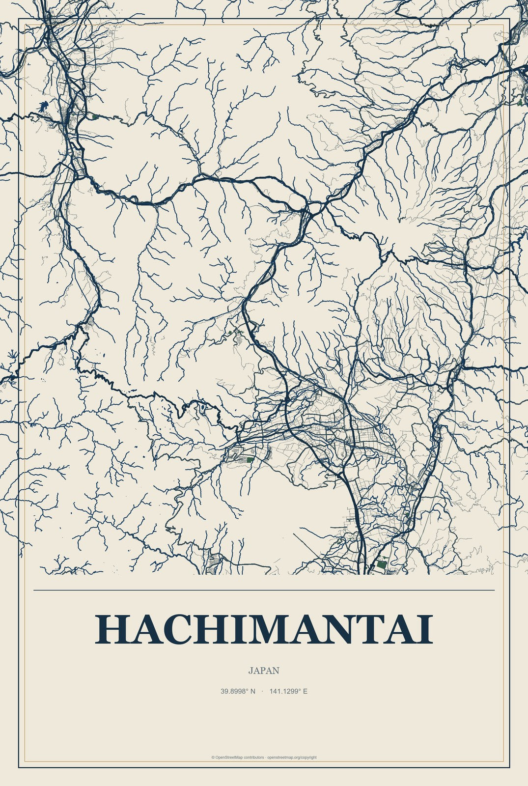 Hachimantai, Japan City Map Aluminum Sign in Coastal Cutout style
