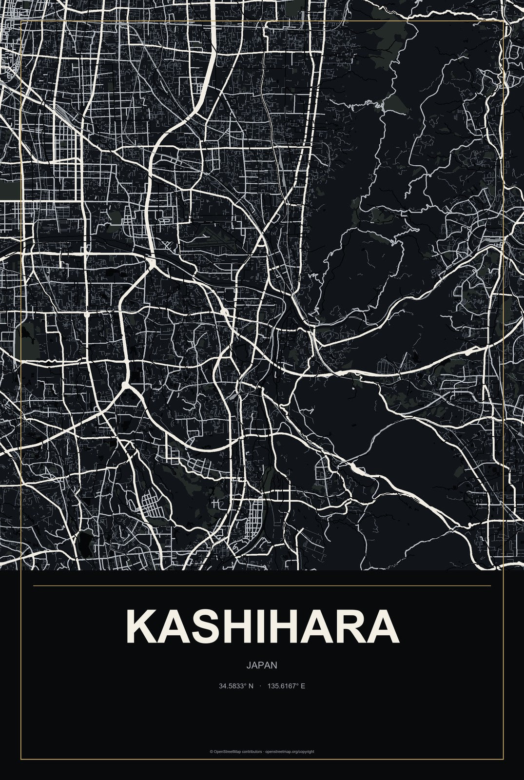 Kashihara, Japan City Map Aluminum Sign in Metropolitan Noir style