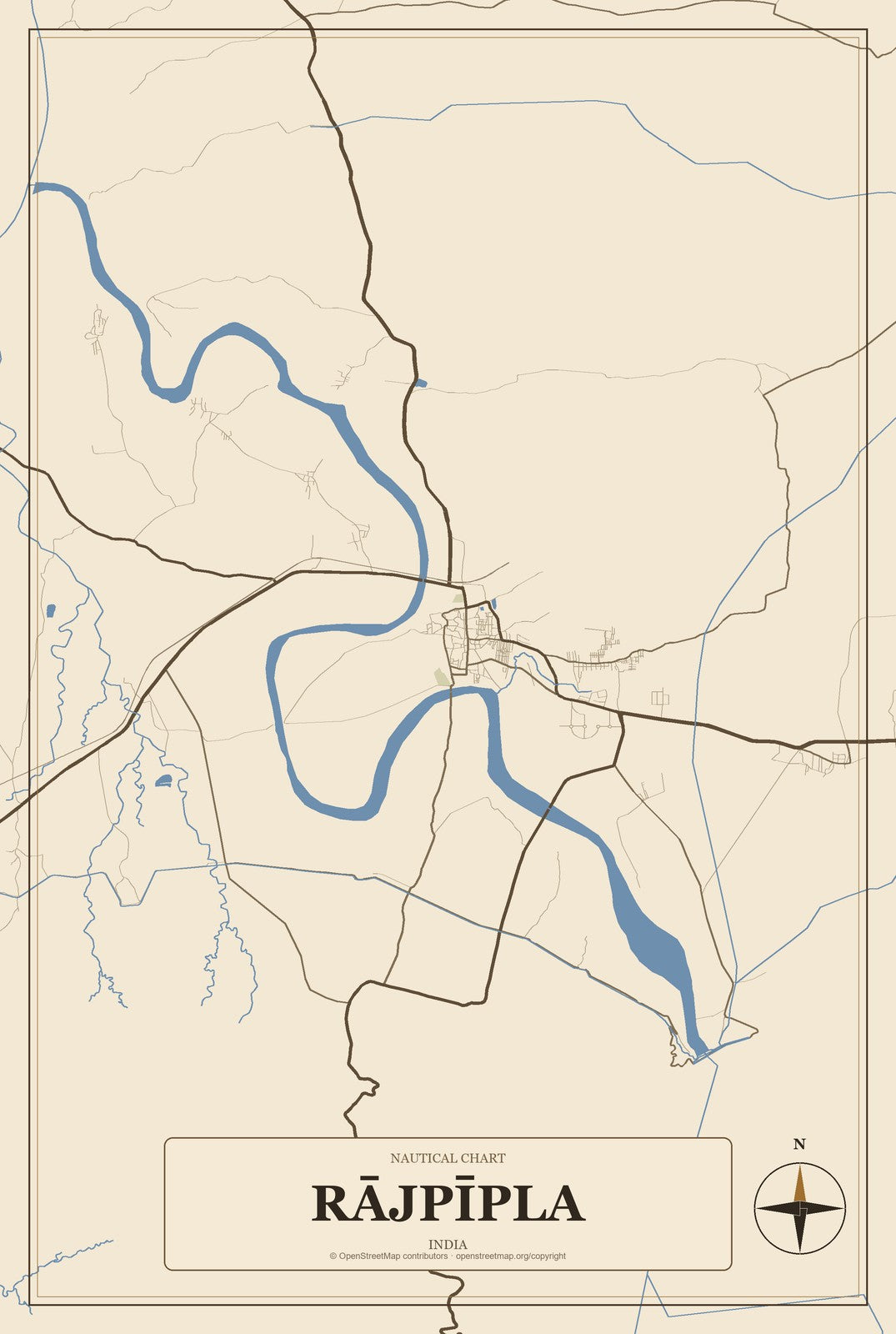 Rājpīpla, India City Map Aluminum Sign in Heritage Nautical style
