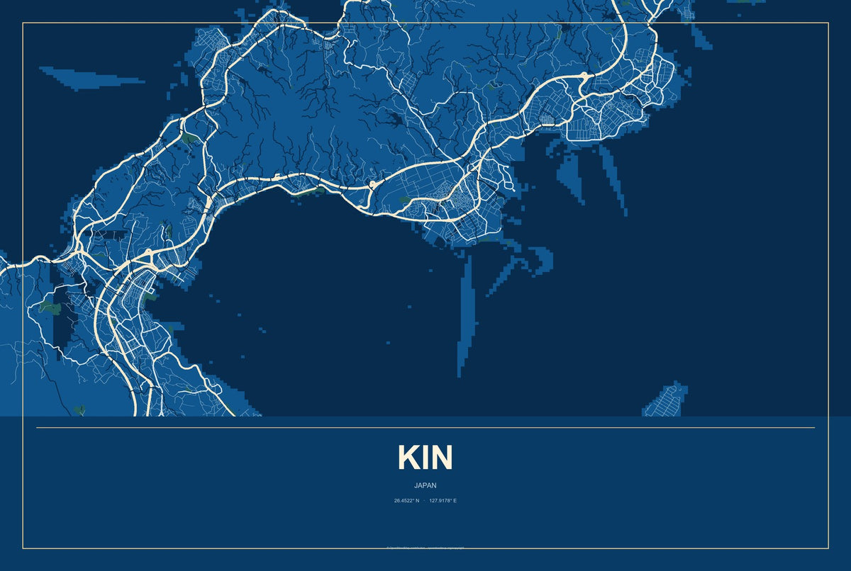 Kin, Japan City Map Aluminum Sign in Harbor Cobalt style