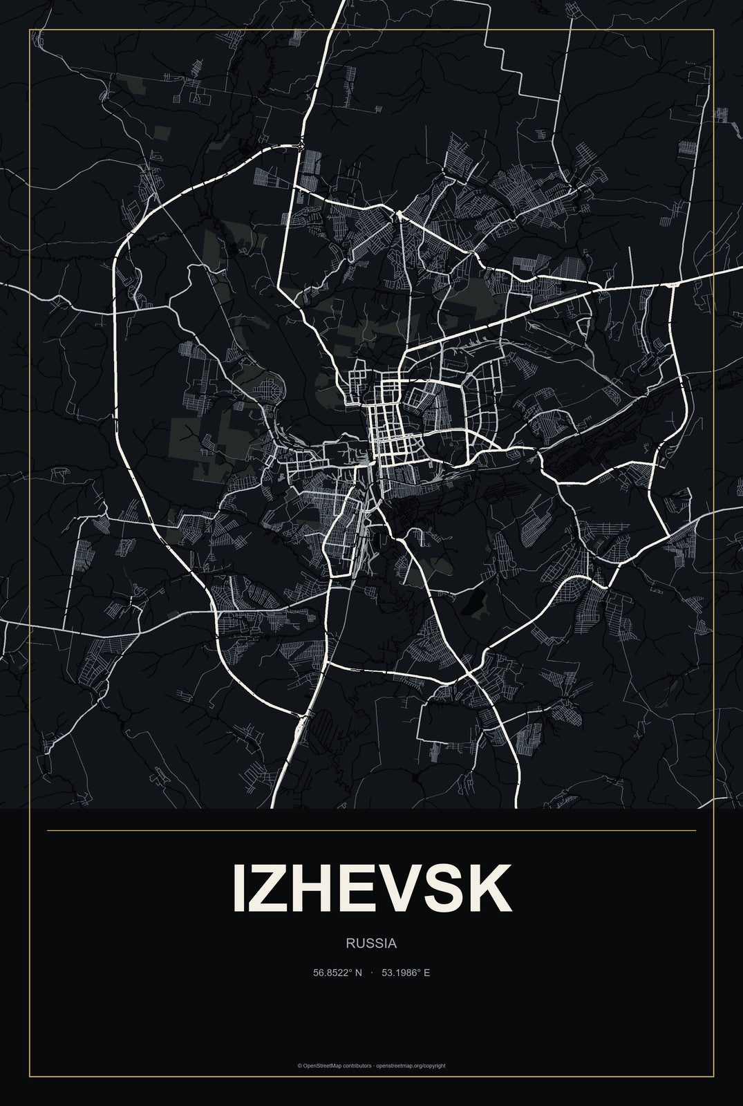 Izhevsk, Russia City Map Aluminum Sign in Metropolitan Noir style