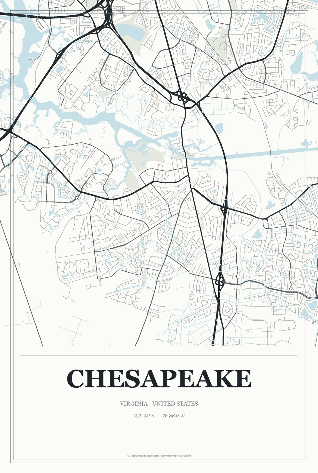 Chesapeake, Virginia City Map Aluminum Sign in Gallery Air style