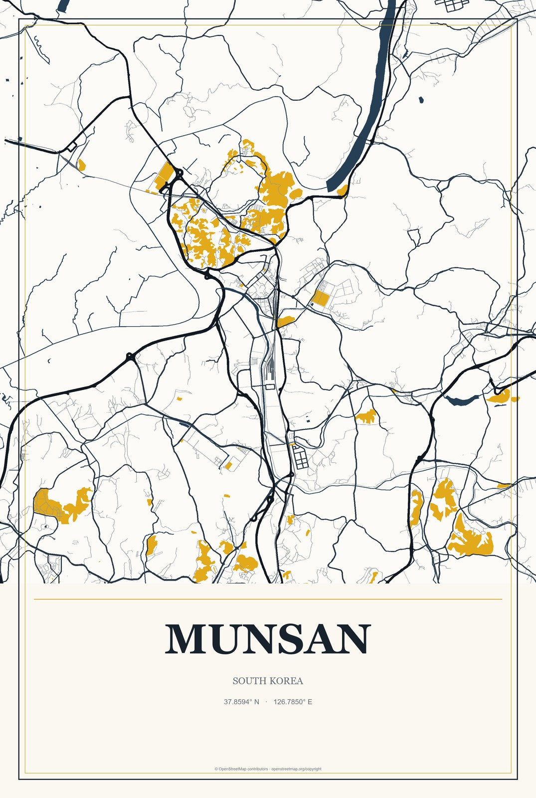 Munsan, South Korea City Map Aluminum Sign in Citrine Modern style