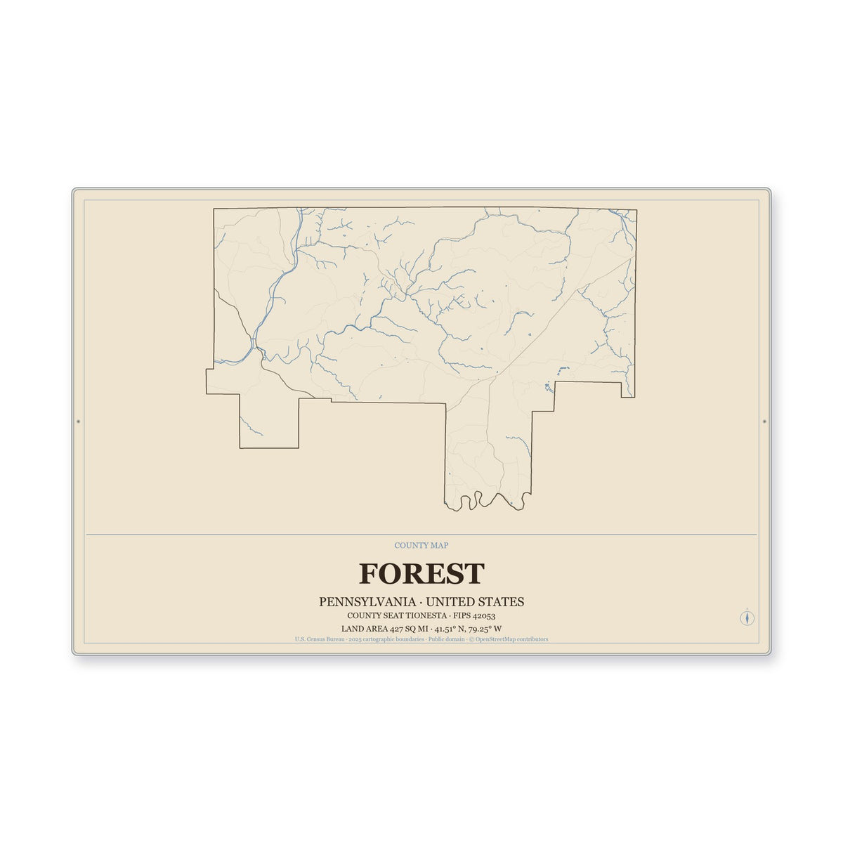 Forest County, Pennsylvania Map Aluminum Sign in Heritage Nautical style