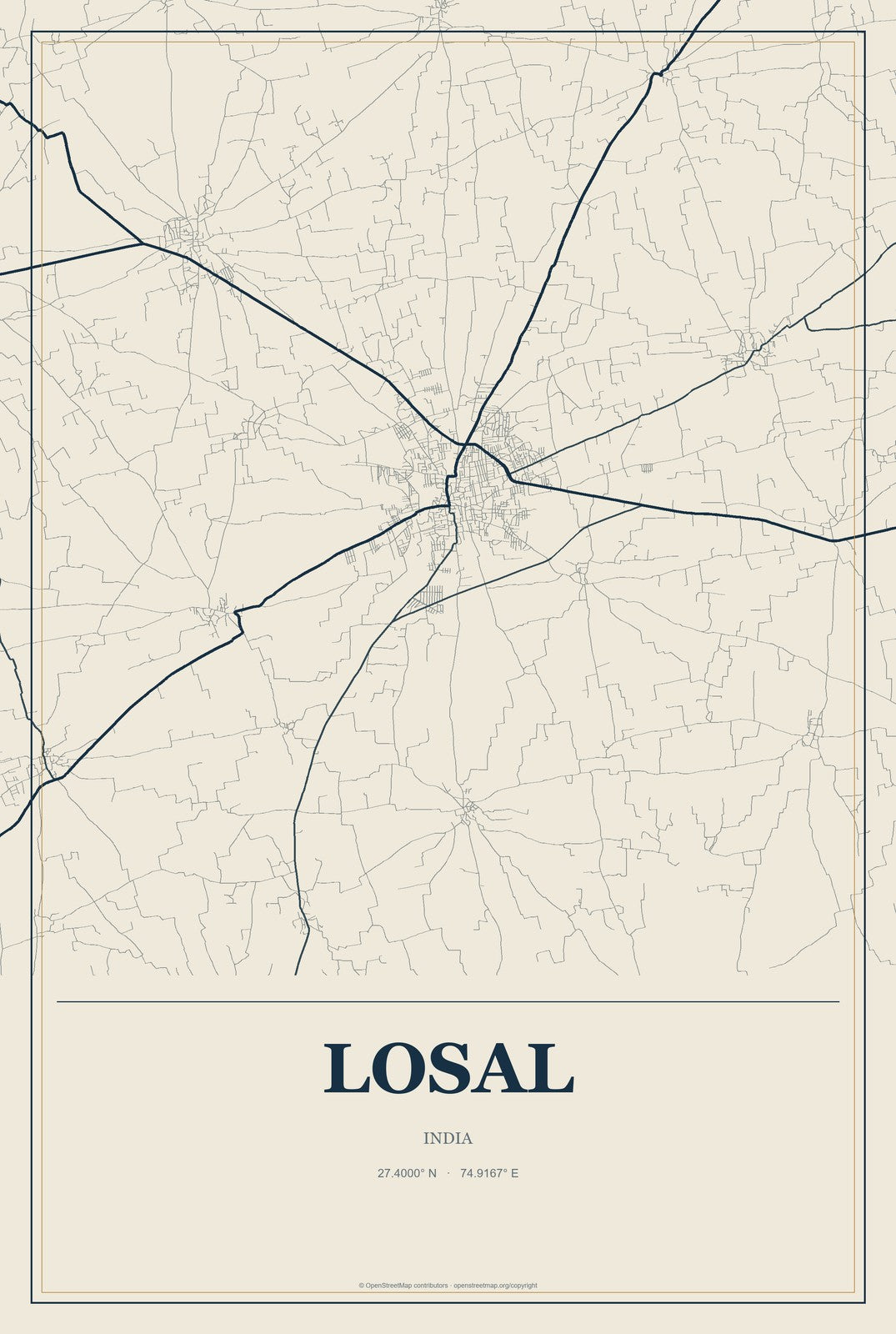 Losal, India City Map Aluminum Sign in Coastal Cutout style