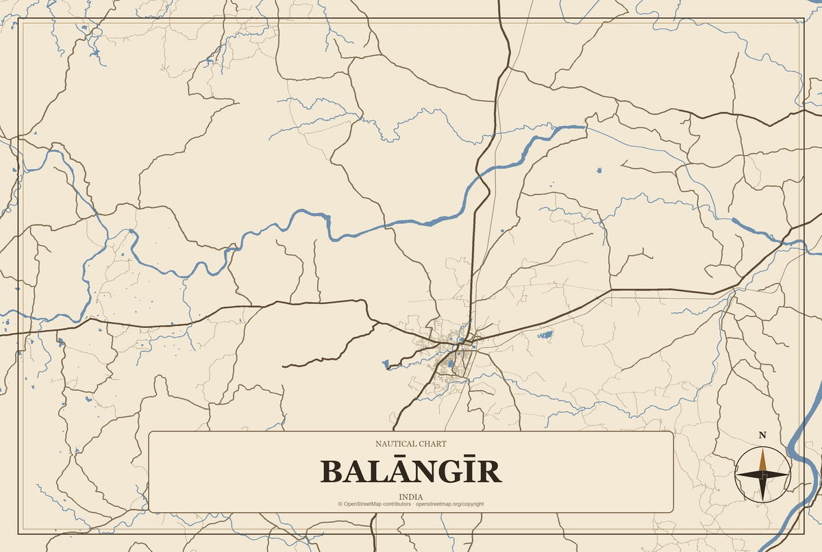 Balāngīr, India City Map Aluminum Sign in Heritage Nautical style