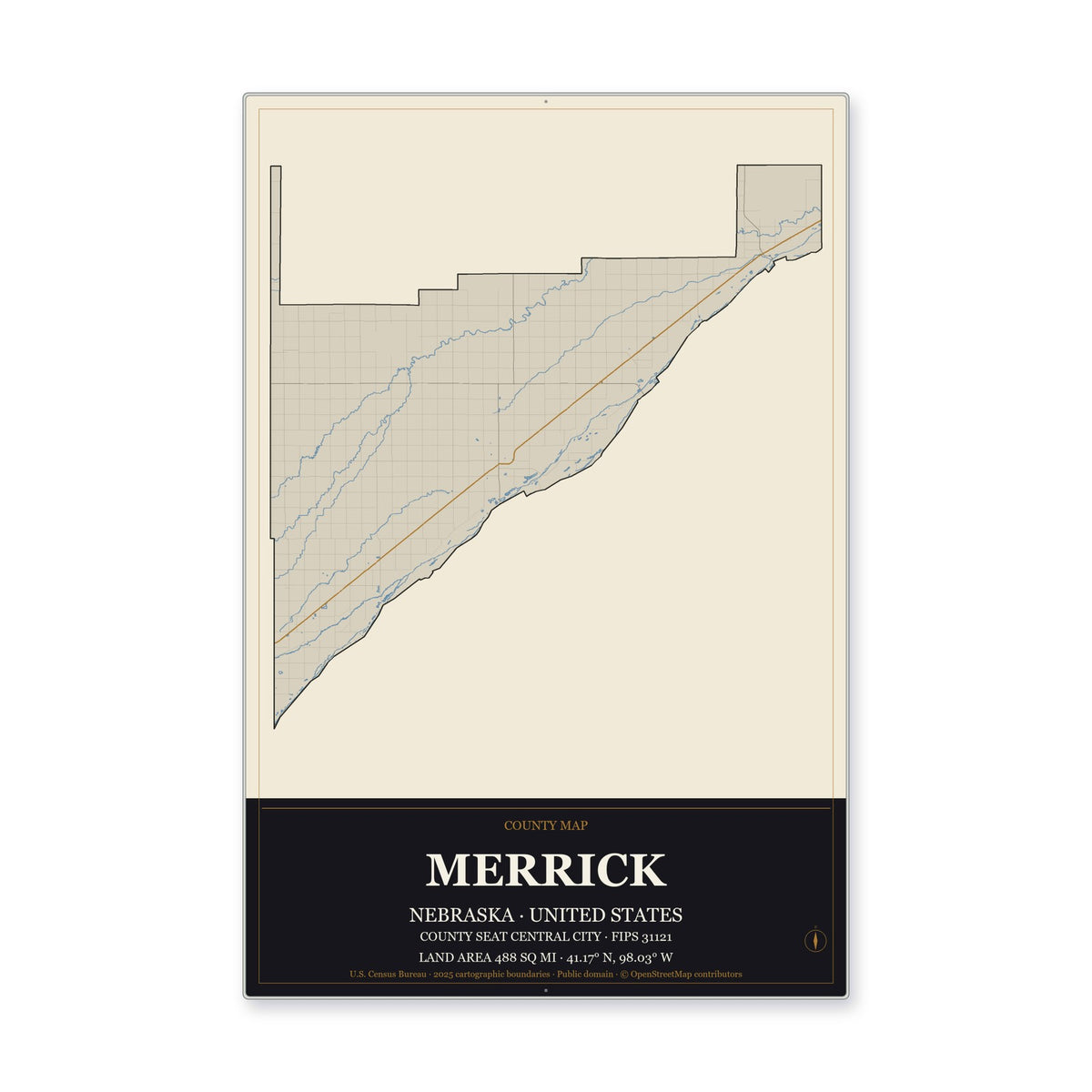 Merrick County, Nebraska Map Aluminum Sign in Museum Plaque style