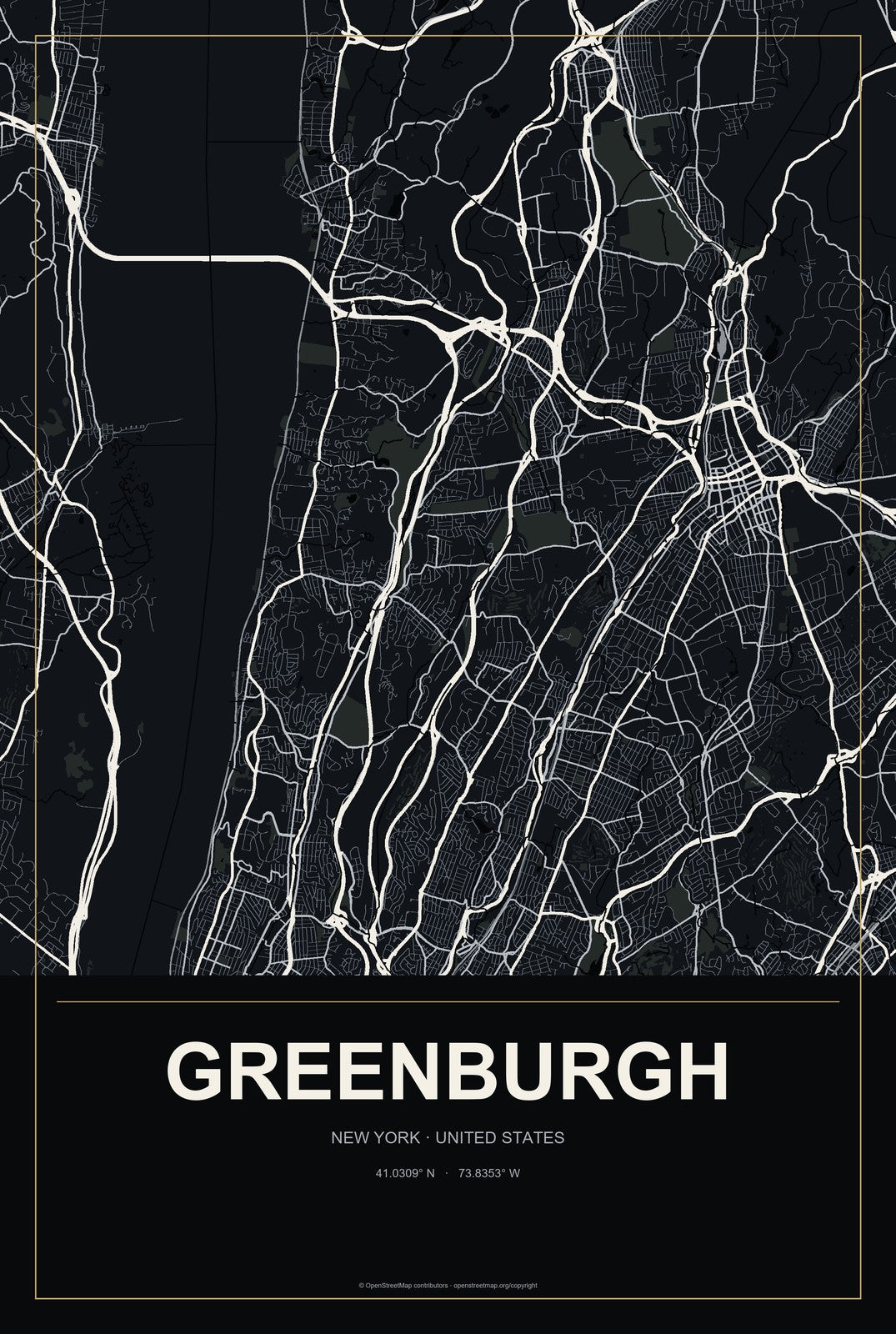 Greenburgh, New York City Map Aluminum Sign in Metropolitan Noir style