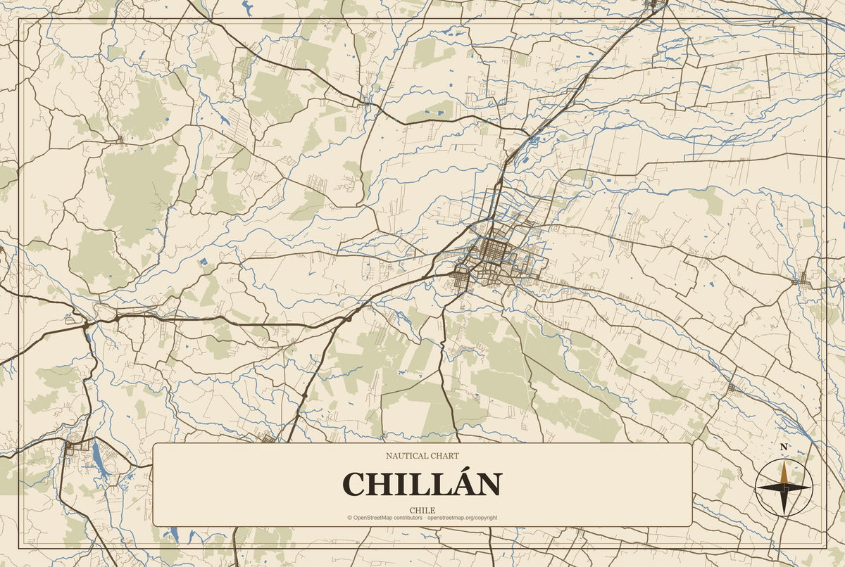 Chillán, Chile City Map Aluminum Sign in Heritage Nautical style