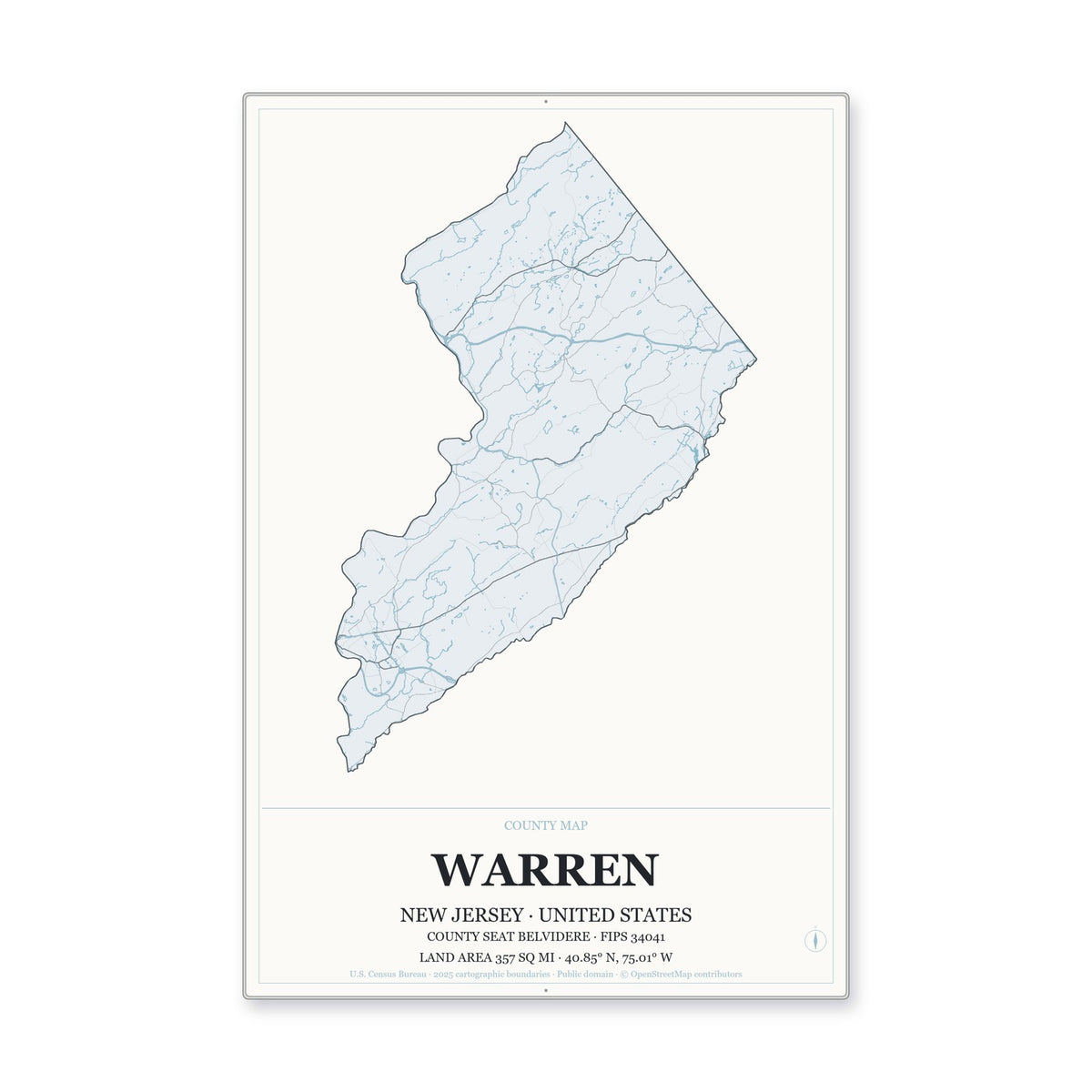 Warren County, New Jersey Map Aluminum Sign in Gallery Air style