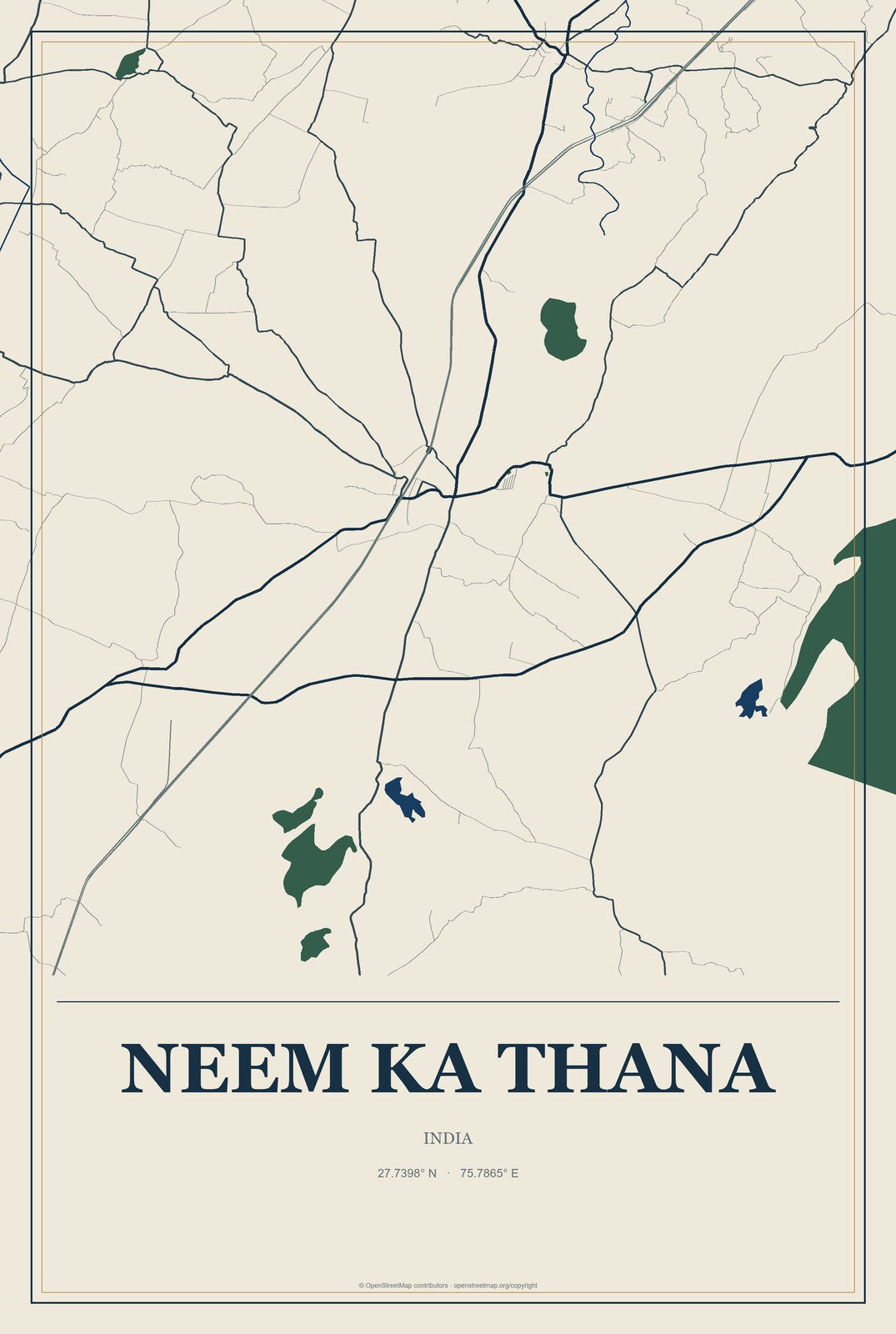 Neem ka Thana, India City Map Aluminum Sign in Coastal Cutout style