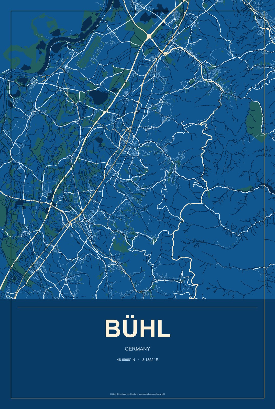 Bühl, Germany City Map Aluminum Sign in Harbor Cobalt style