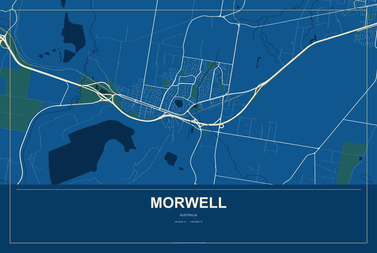 Morwell, Australia City Map Aluminum Sign in Harbor Cobalt style