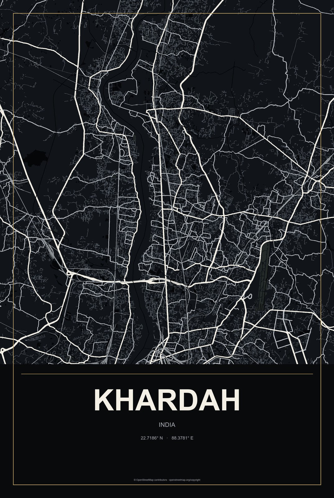 Khardah, India City Map Aluminum Sign in Metropolitan Noir style