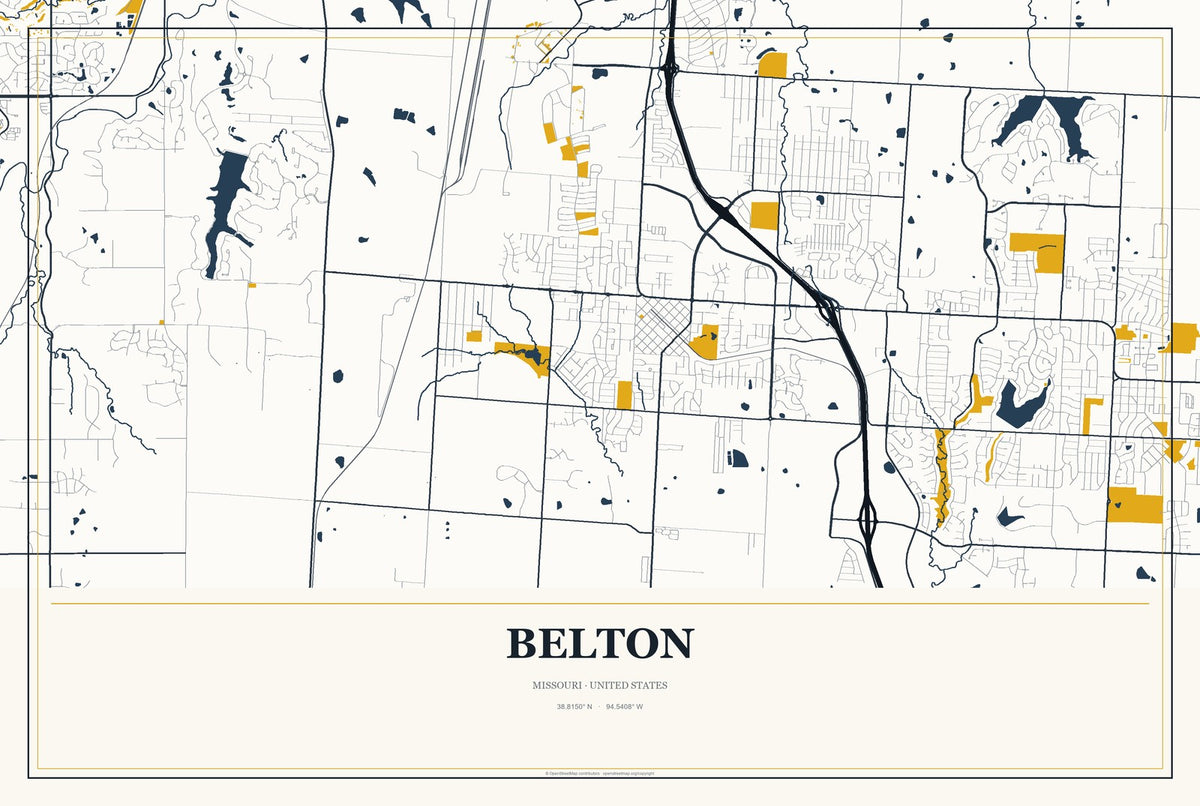 Belton, Missouri City Map Aluminum Sign in Citrine Modern style