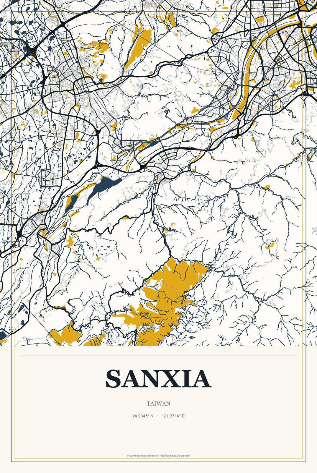Sanxia, Taiwan City Map Aluminum Sign in Citrine Modern style