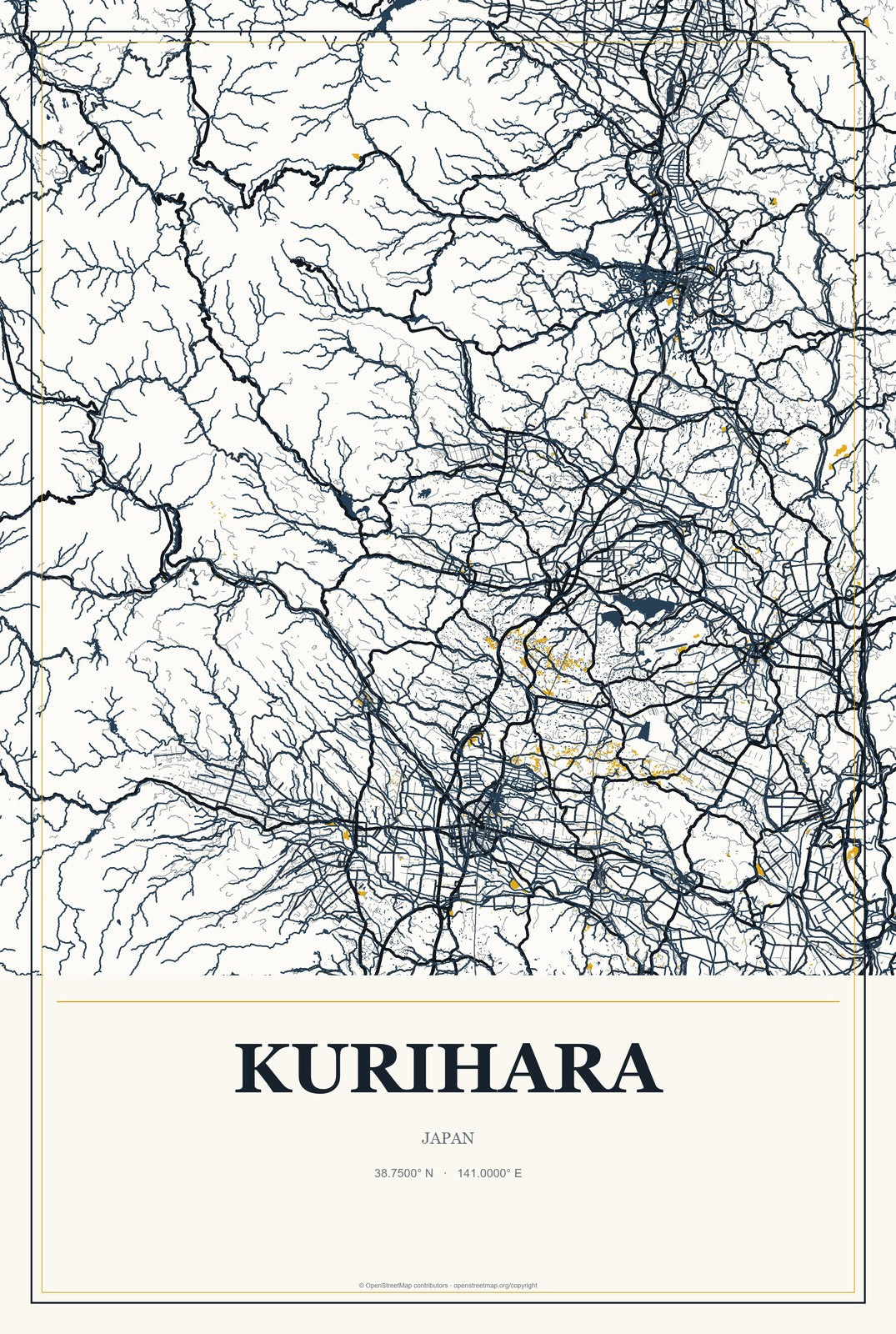 Kurihara, Japan City Map Aluminum Sign in Citrine Modern style