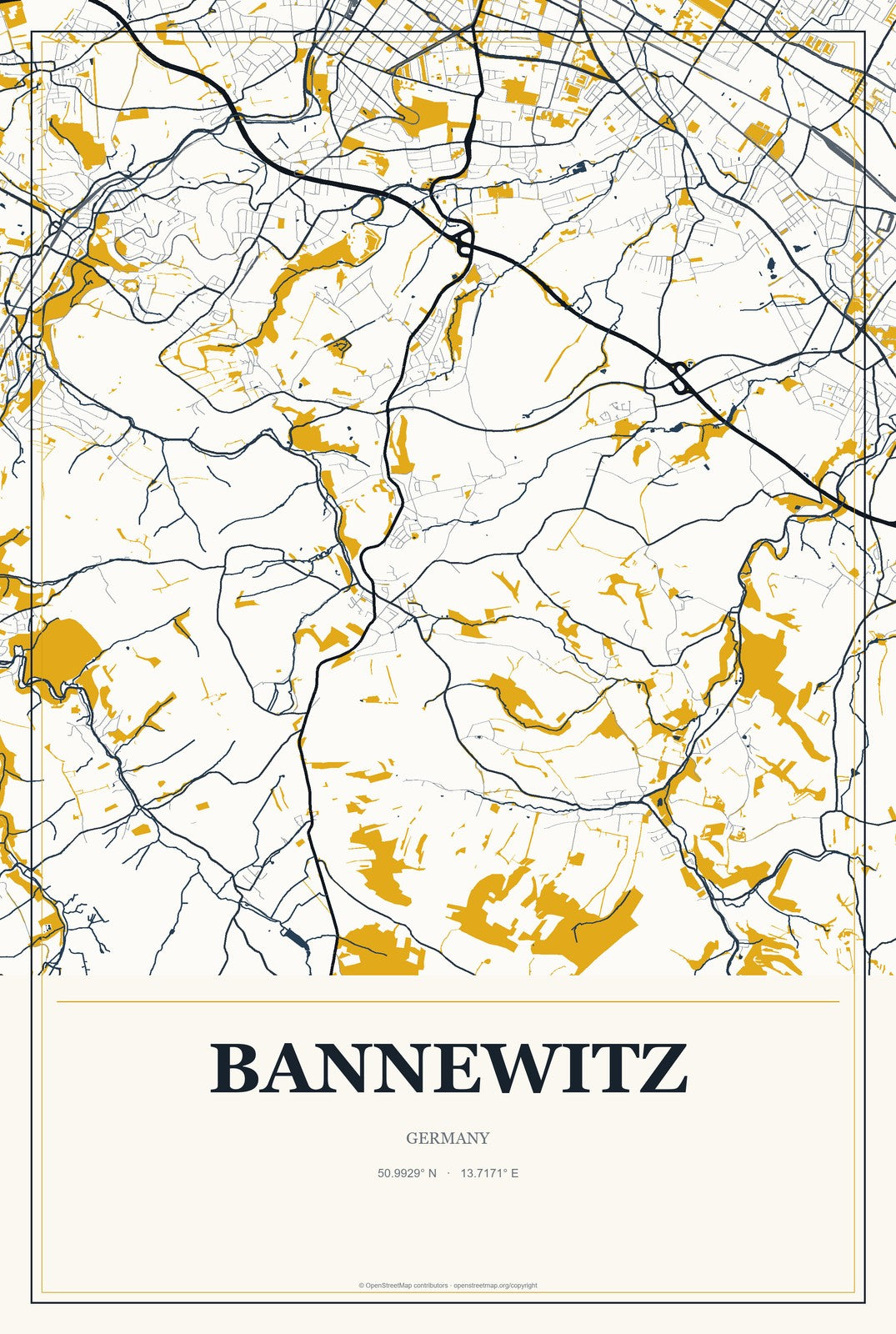 Bannewitz, Germany City Map Aluminum Sign in Citrine Modern style