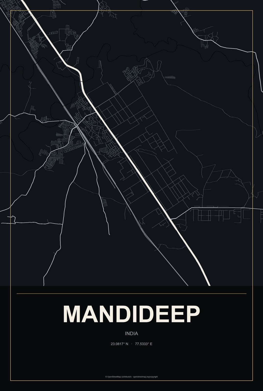 Mandideep, India City Map Aluminum Sign in Metropolitan Noir style