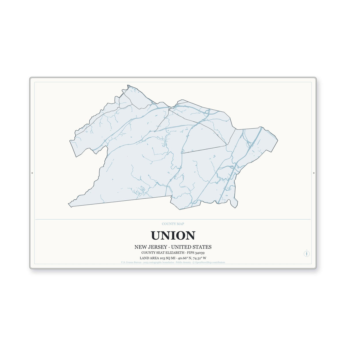 Union County, New Jersey Map Aluminum Sign in Gallery Air style