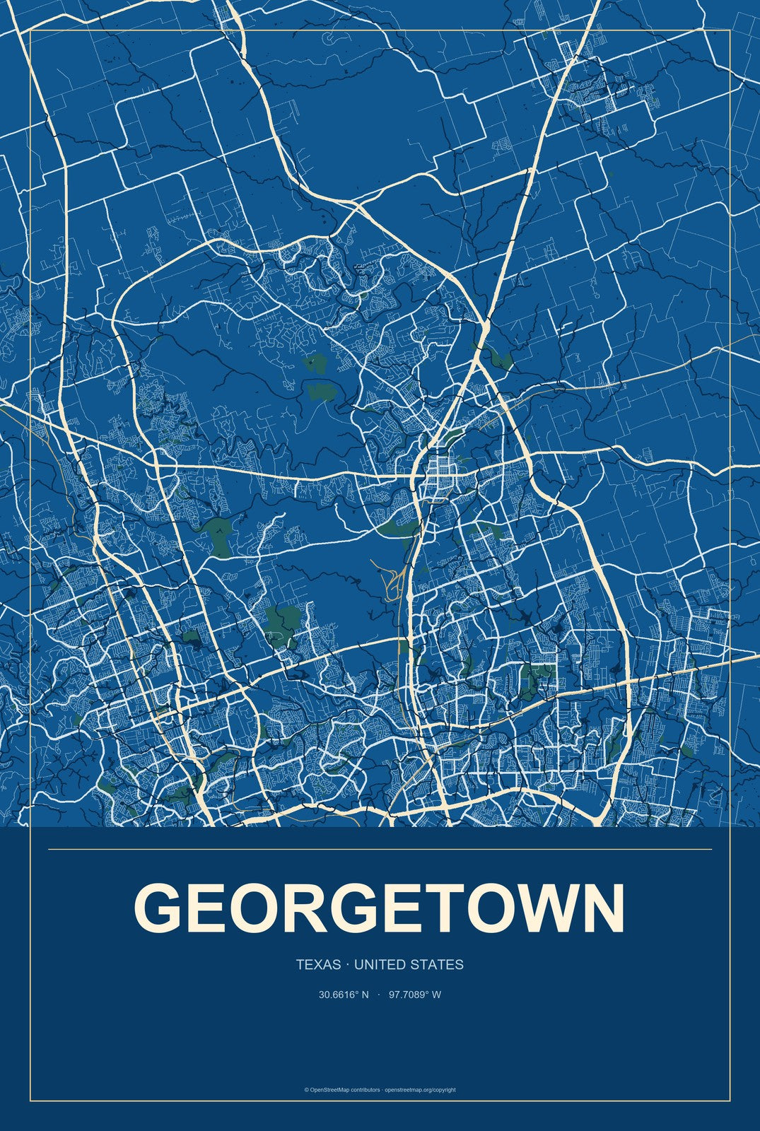 Georgetown, Texas City Map Aluminum Sign in Harbor Cobalt style