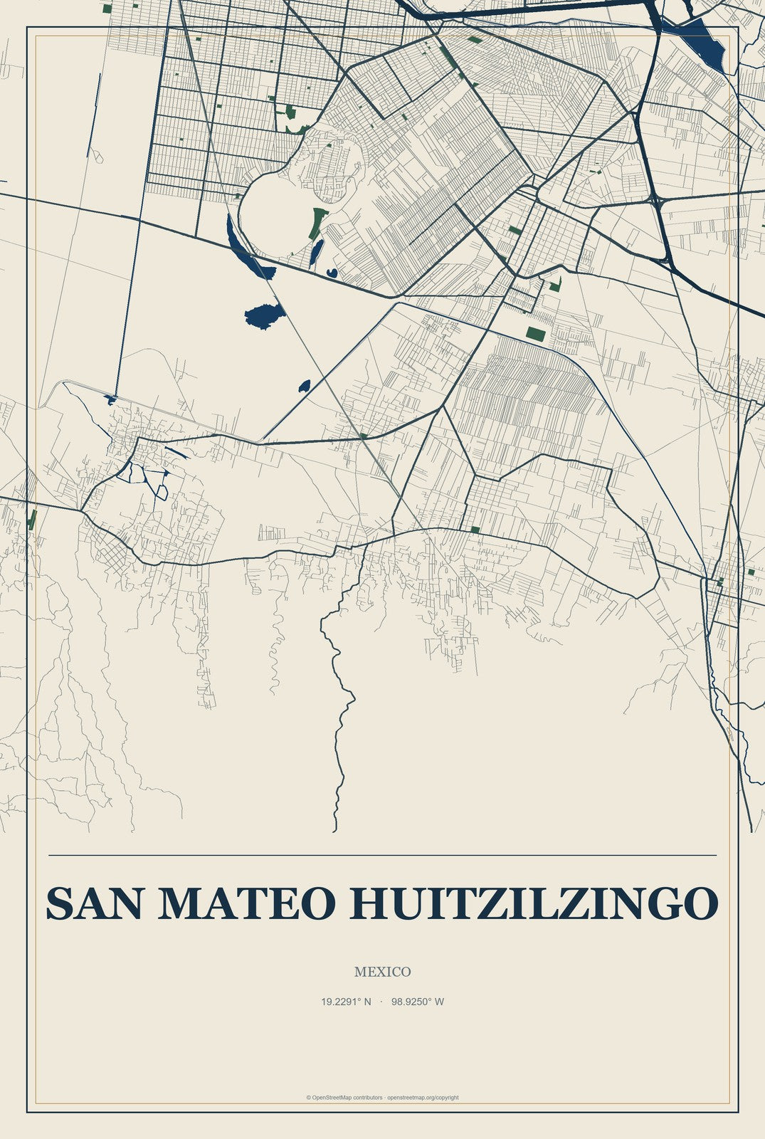 San Mateo Huitzilzingo, Mexico City Map Aluminum Sign in Coastal Cutout style