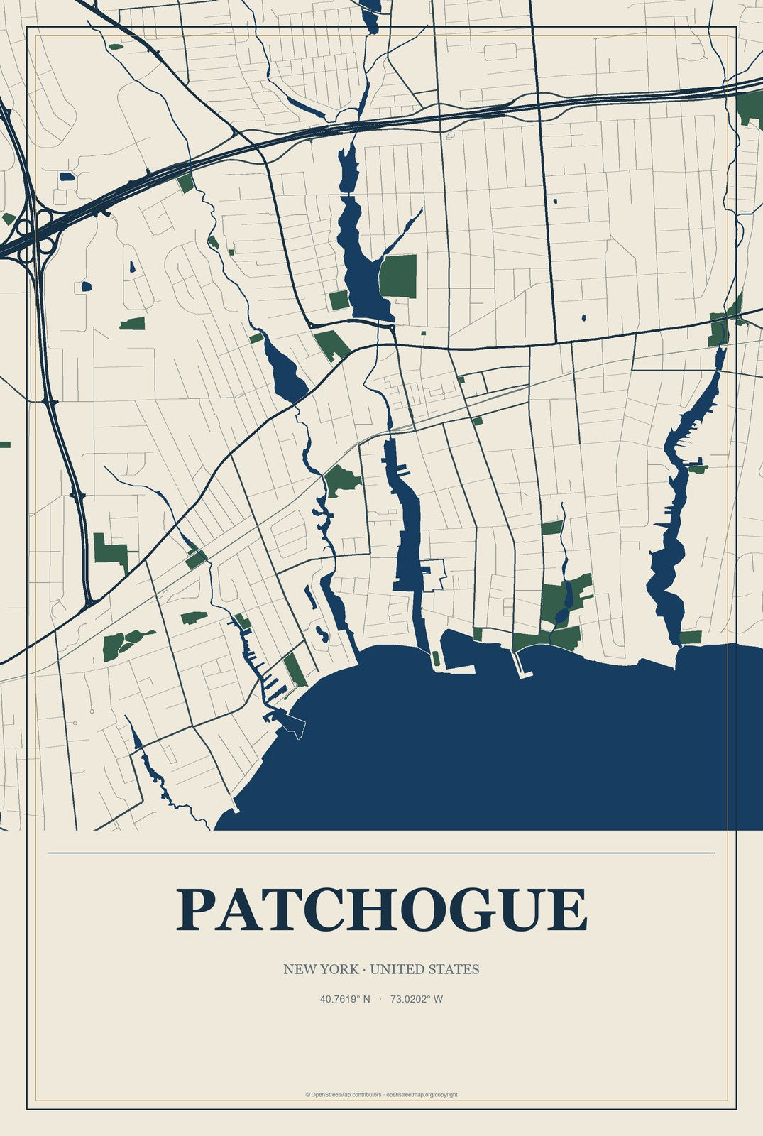 Patchogue, New York City Map Aluminum Sign in Coastal Cutout style