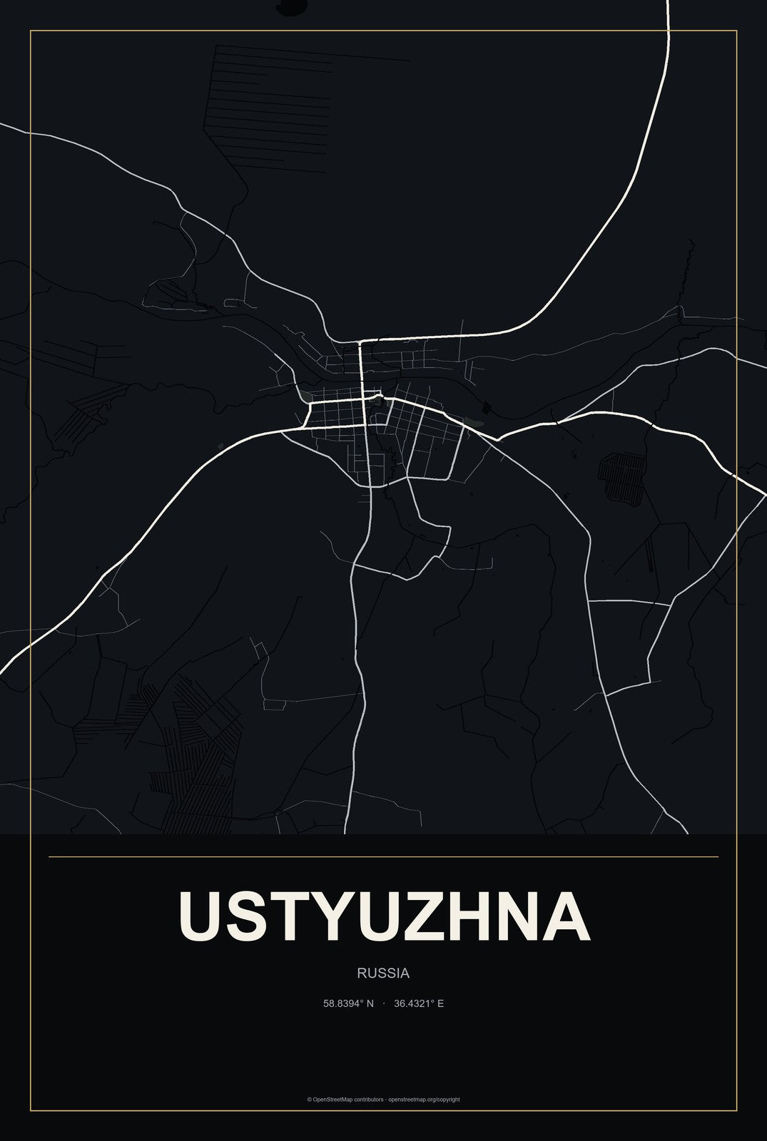 Ustyuzhna, Russia City Map Aluminum Sign in Metropolitan Noir style