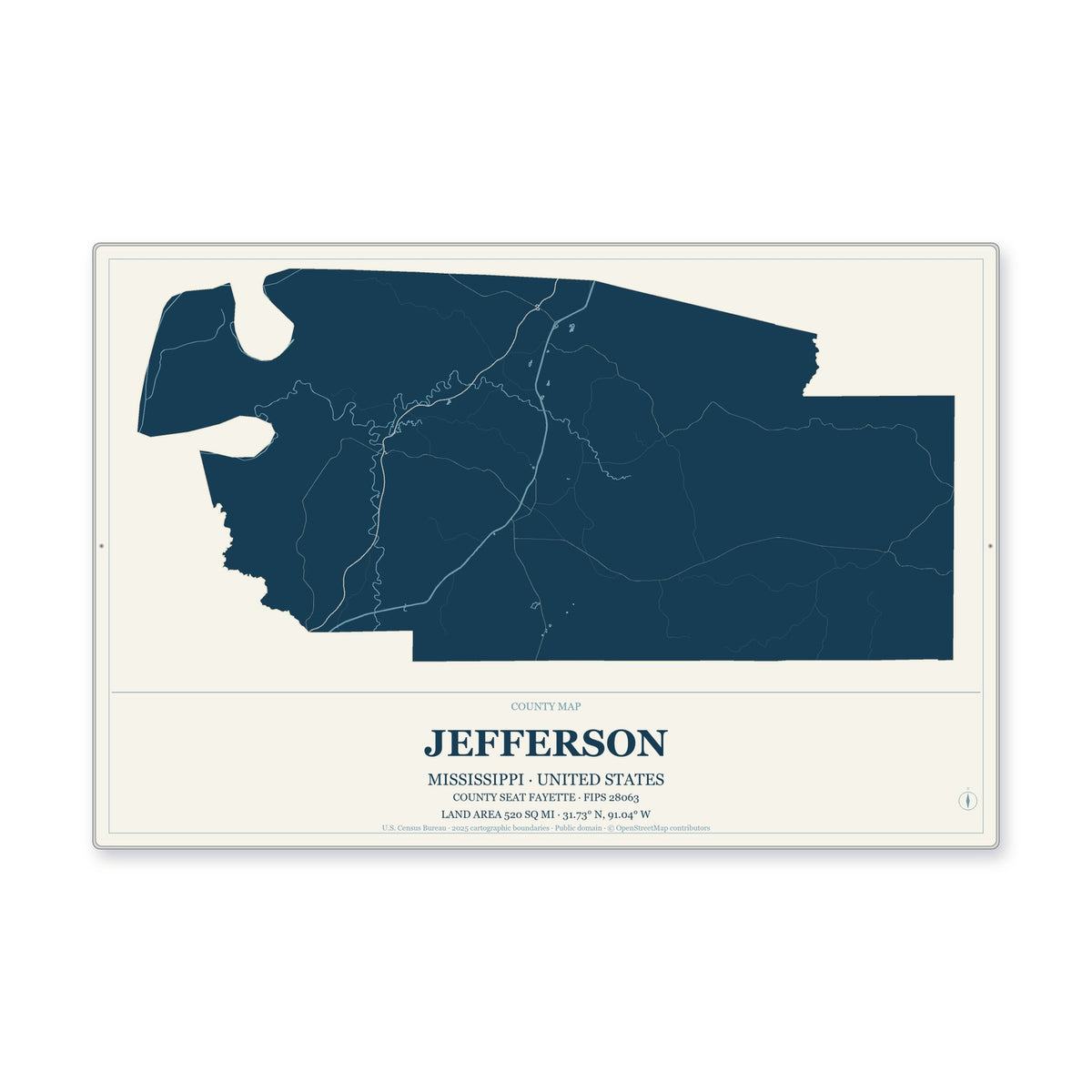 Jefferson County, Mississippi Map Aluminum Sign in Coastal Cutout style