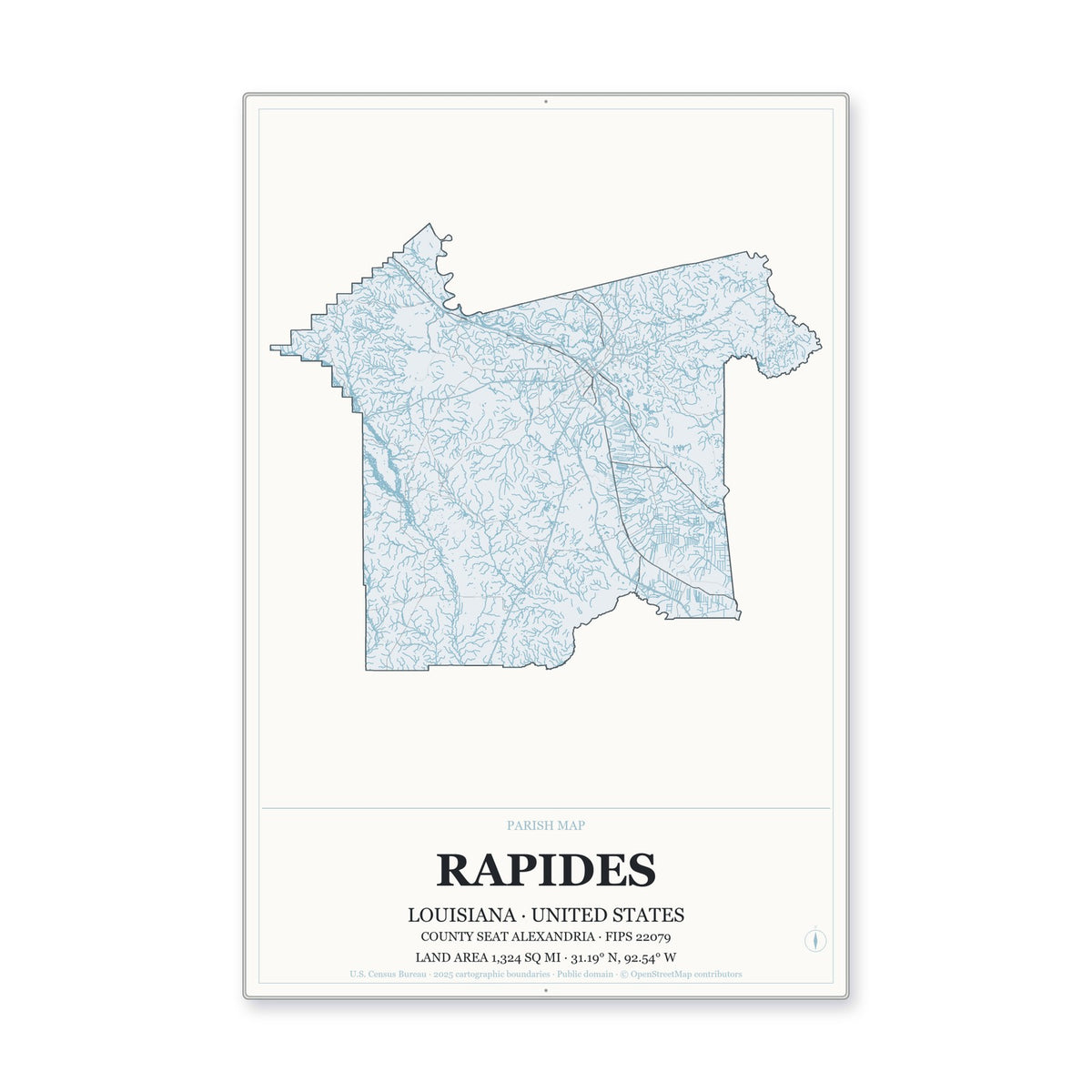 Rapides Parish, Louisiana Map Aluminum Sign in Gallery Air style