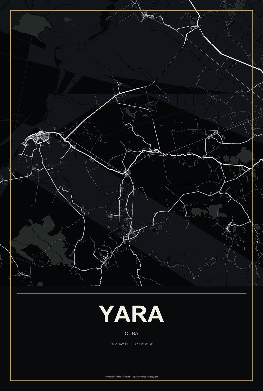 Yara, Cuba City Map Aluminum Sign in Metropolitan Noir style