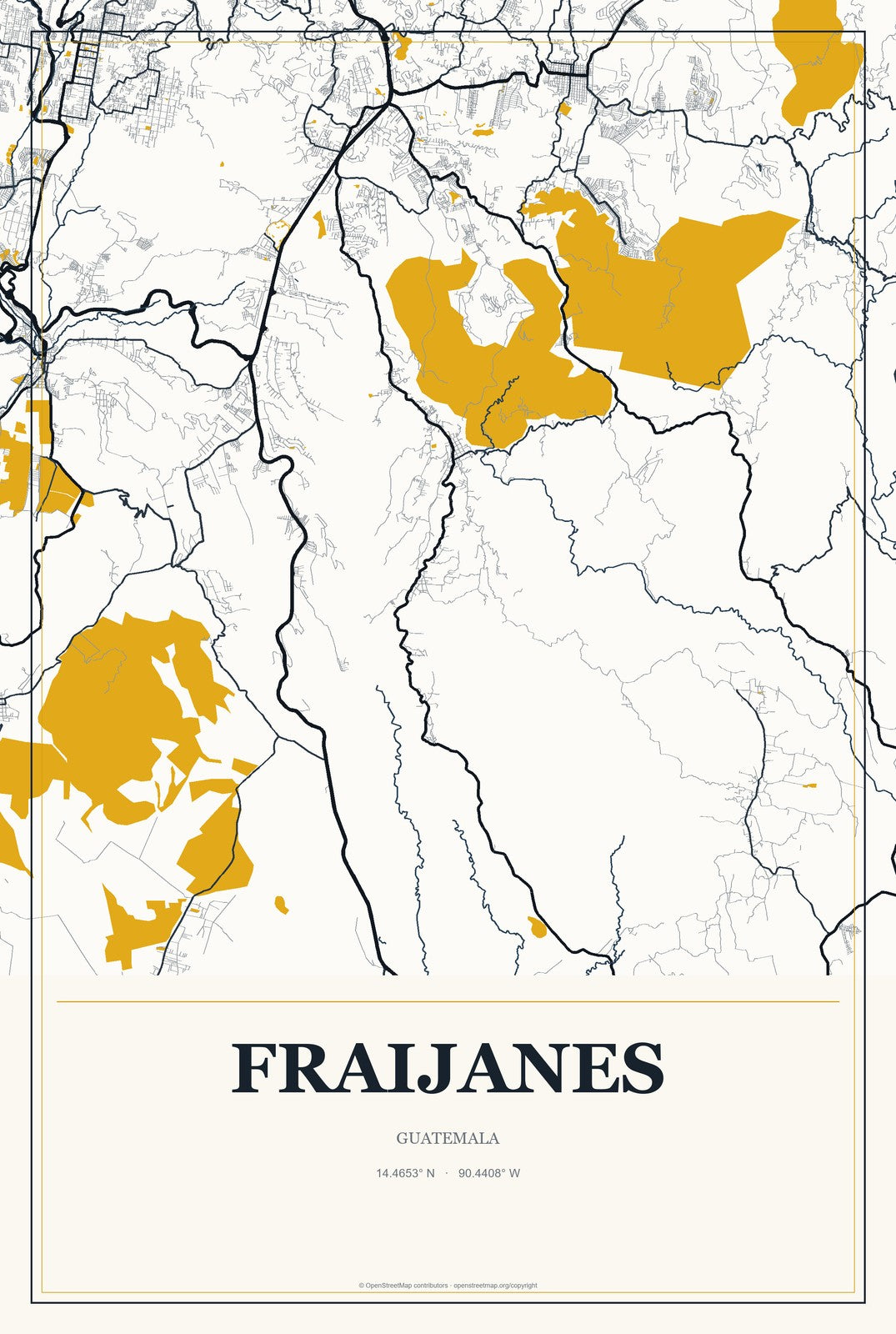 Fraijanes, Guatemala City Map Aluminum Sign in Citrine Modern style