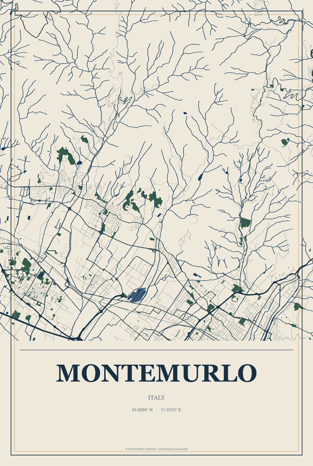 Montemurlo, Italy City Map Aluminum Sign in Coastal Cutout style